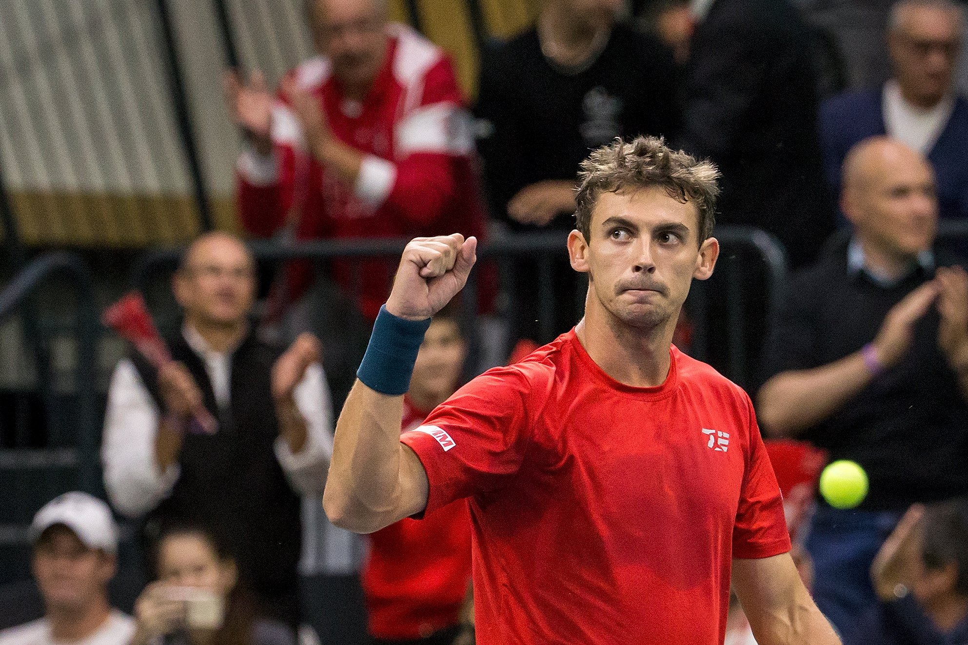 Henri Laaksonen of Switzerland reacts during the fourth match of the Davis Cup world group playoffs between Switzerland and Belarus, Switzerland, Sunday, September 17, 2017. (KEYSTONE/Alexandra Wey)laaksonen SWITZERLAND TENNIS DAVIS CUP CHE BLR