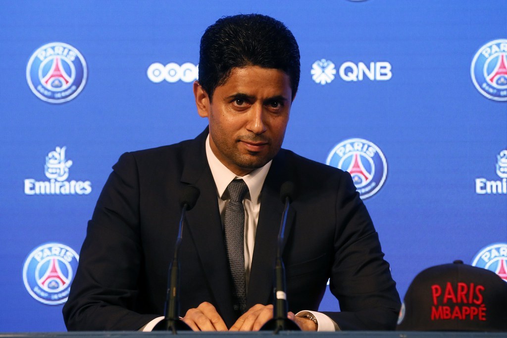 epa06187581 PSG president Nasser Al-Khelaifi attends a press conference during the presentation of new Paris Saint Germain player Kylian Mbappe (unseen) in Paris, France, 06 September 2017.  EPA/ETIENNE LAURENT