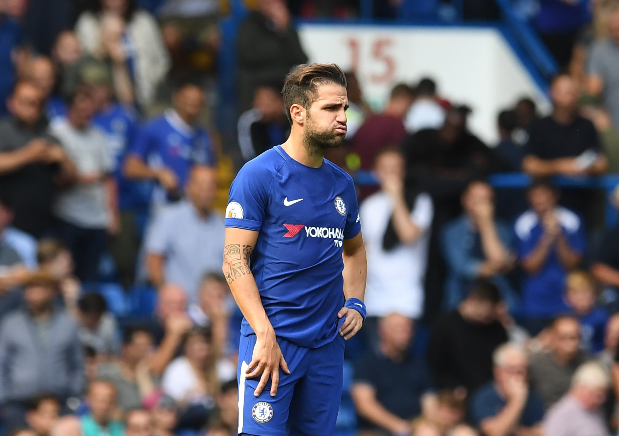 epa06140206 Chelsea Cesc Fabregas reacts during the English Premier league game between Chelsea and Burnley at Stamford Bridge stadium in London, Britain, 12 August 2017.  EPA/FACUNDO ARRIZABALAGA EDITORIAL USE ONLY. No use with unauthorized audio, video, data, fixture lists, club/league logos or 'live' services. Online in-match use limited to 75 images, no video emulation. No use in betting, games or single club/league/player publicationsFabregas BRITAIN SOCCER ENGLISH PREMIER LEAGUE