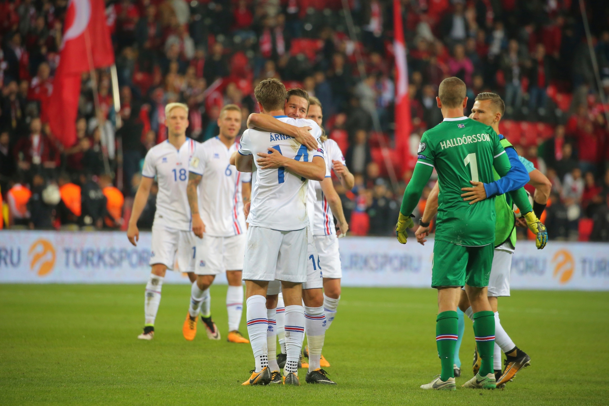 Iceland's players celebrate their team's victory against Turkey, following the World Cup Group I qualifying soccer match between Turkey and Iceland in Eskisehir, Turkey, Friday, Oct. 6, 2017. Iceland won the match 3-0. (AP Photo) Soccer WCup 2018 Turkey Iceland