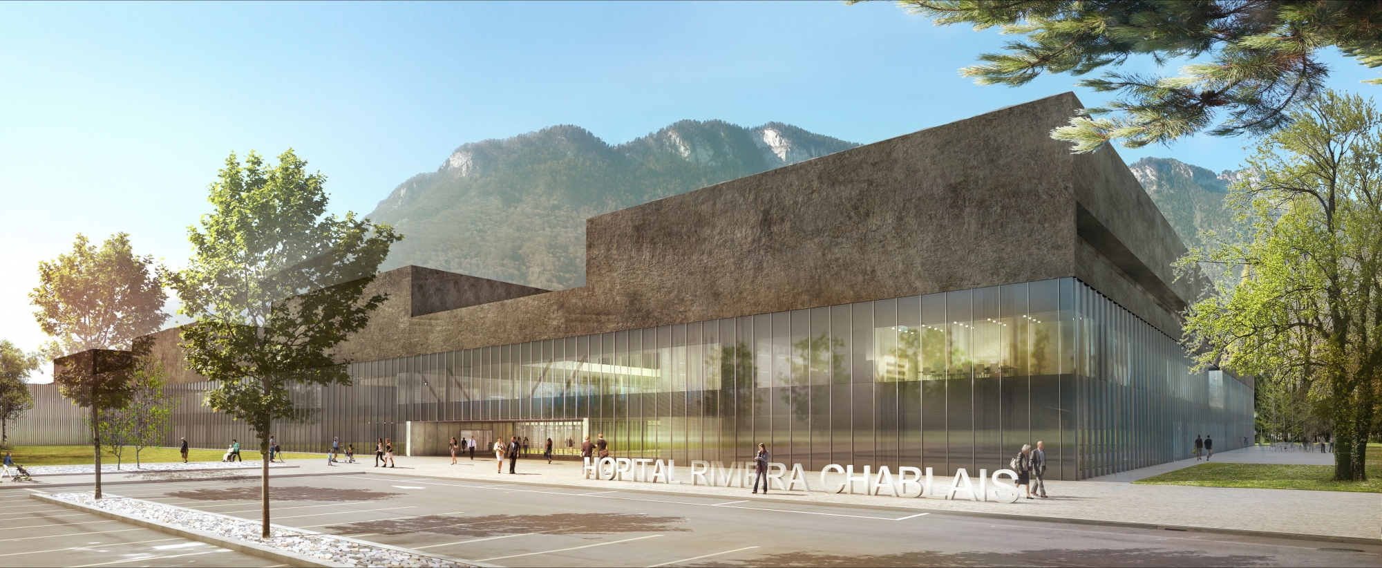 Vue de synthèse de l'entrée du futur Hôpital Riviera-Chablais en train de sortir de terre à Rennaz. ldd