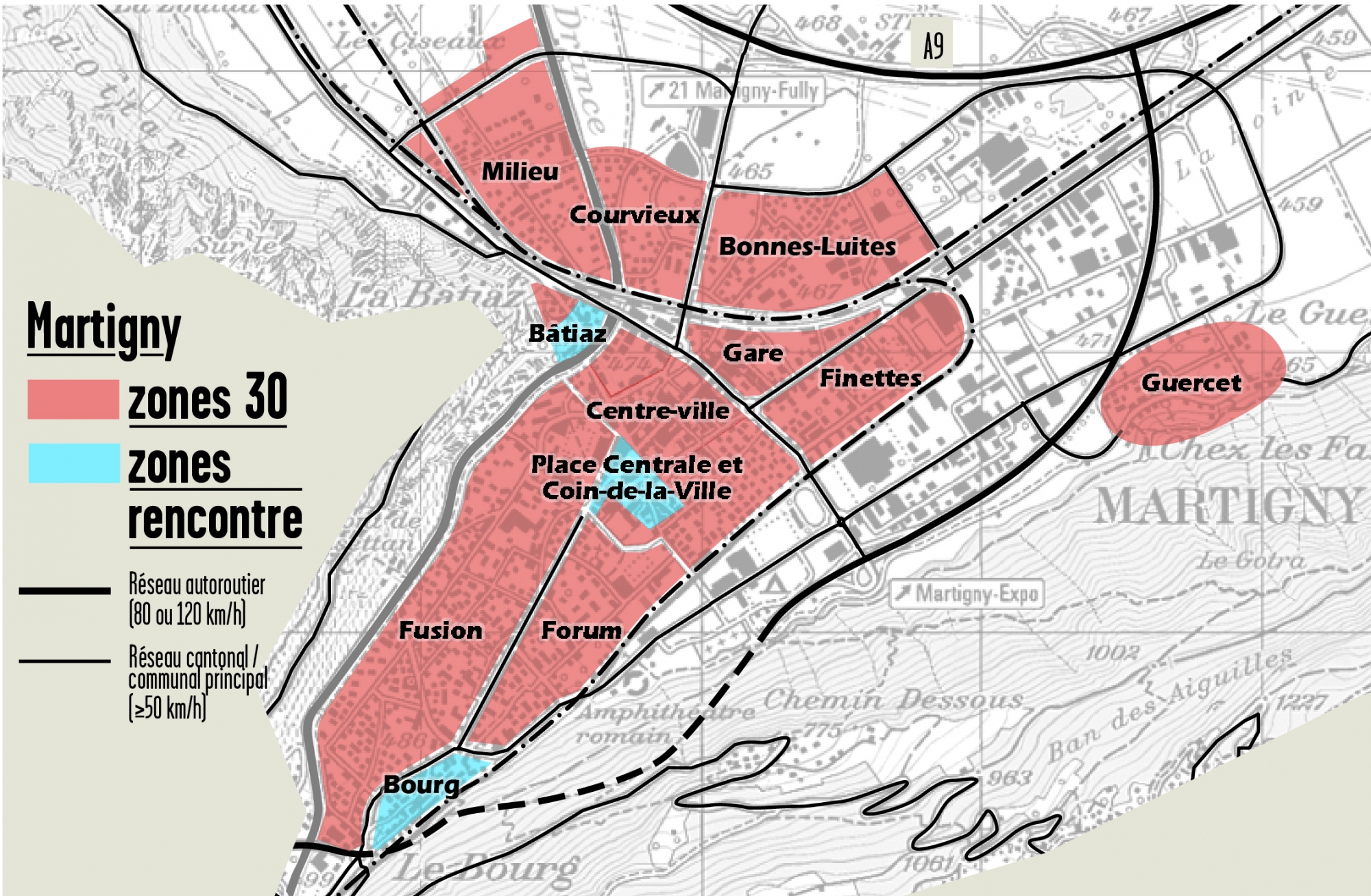 Tous les principaux quartiers de la ville de Martigny sont désormais en zones 30 km/h ou 20 km/h.