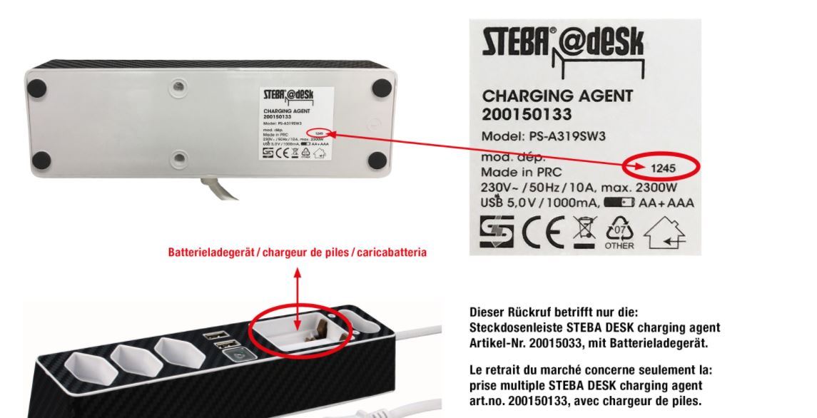 Les blocs multiprise avec chargeur de batterie "STEBA Desk Charging Agent" ne doivent plus être utilisés.