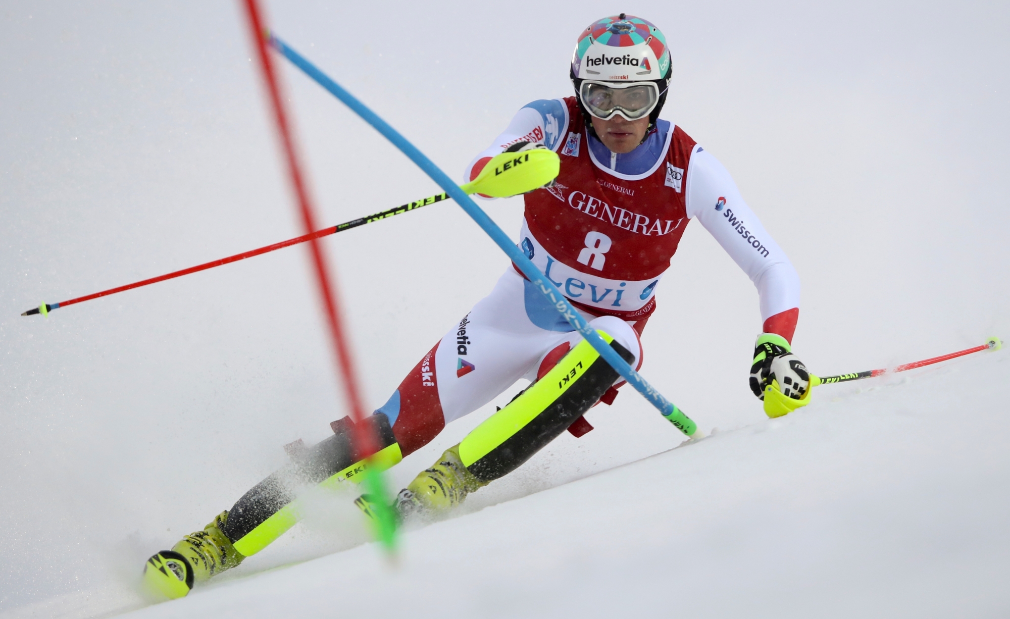 Switzerland's Daniel Yule speeds down the course during an alpine ski, men's World Cup slalom in Levi, Finland, Sunday, Nov. 12, 2017. (AP Photo/Shinichiro Tanaka) Finland Alpine Skiing World Cup