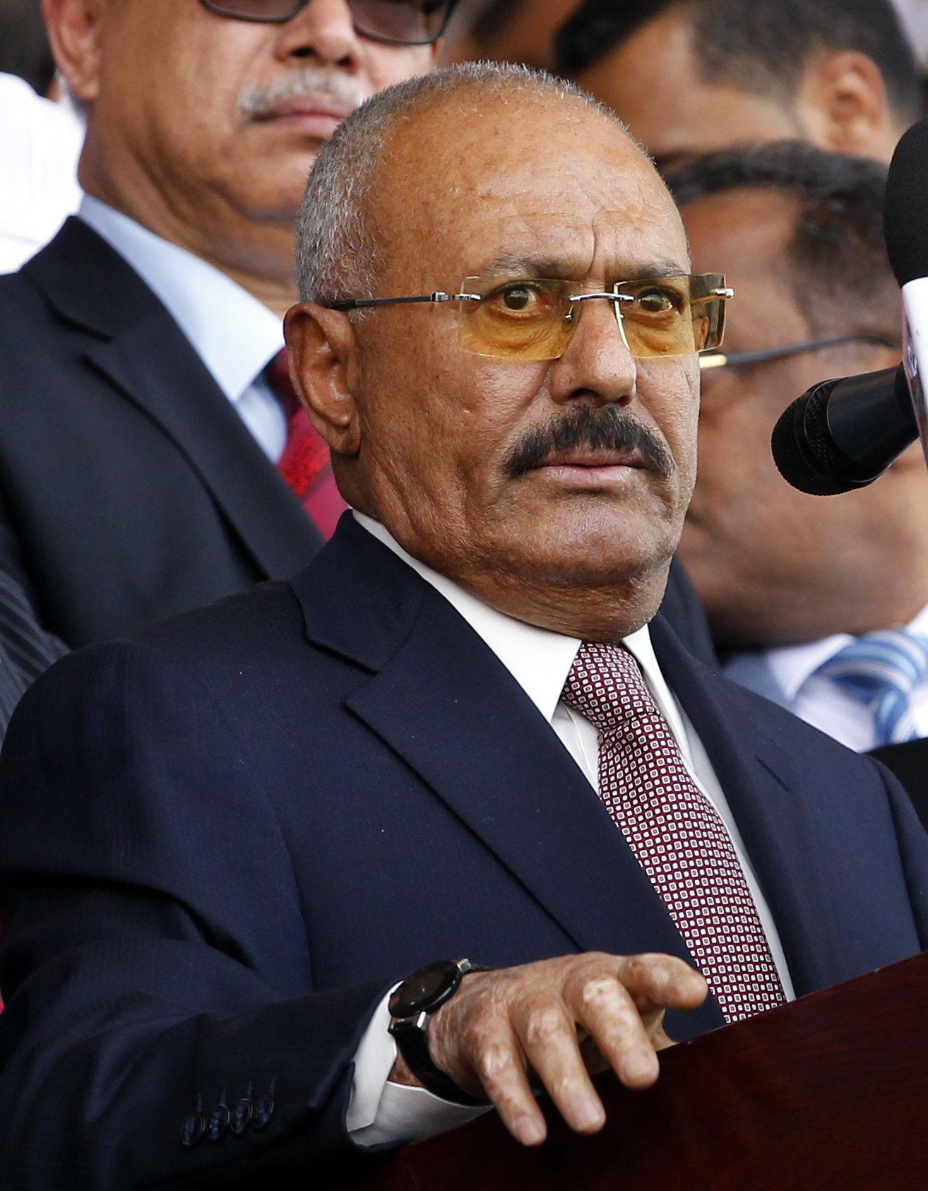 epa06366597 (FILE) - Yemeni ex-president Ali Abdullah Saleh attends a rally marking the 35th anniversary celebrations for the formation of his General People's Congress party, in Sanaa, Yemen, 24 August 2017 (reissued 04 December 2017). Media broadcasters controlled by Houthi rebels said on 04 December that the former president Ali Abdullah Saleh had been killed in his home by Houthi fighters. Saleh's party, however, has denied the reports of his death.  EPA/YAHYA ARHAB (FILE) YEMEN CONFLICT
