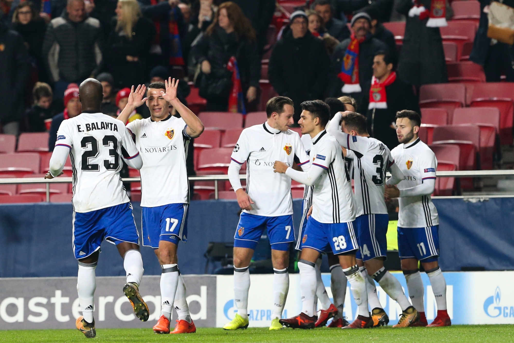 Players of the Basel celebrate after scoring their side's second goal during the Champions League group A soccer match between SL Benfica and FC Basel at the Luz stadium in Lisbon, Tuesday, Dec. 5, 2017. (AP Photo/Armando Franca) Portugal Soccer Champions League