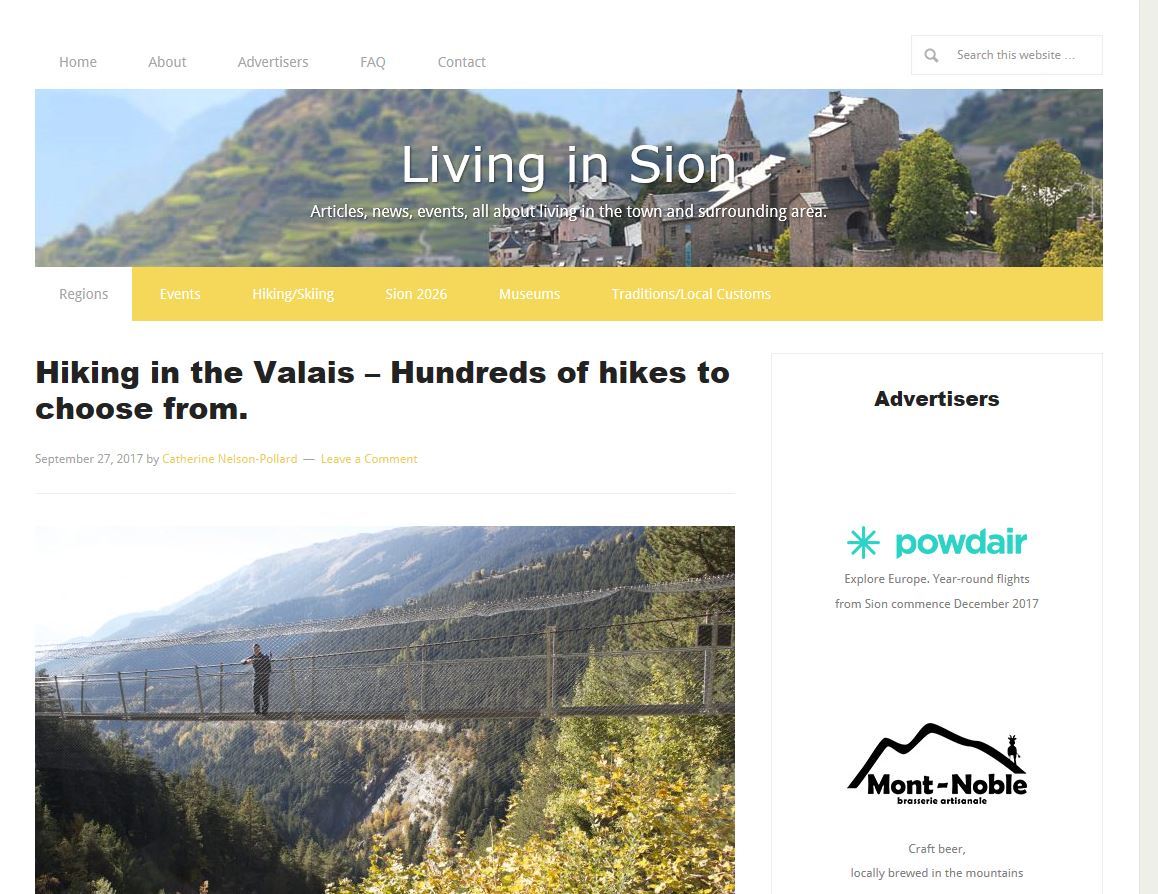 Informations sur des événements ou articles sur des acteurs locaux, le site veut présenter le Valais aux anglophones du canton. 