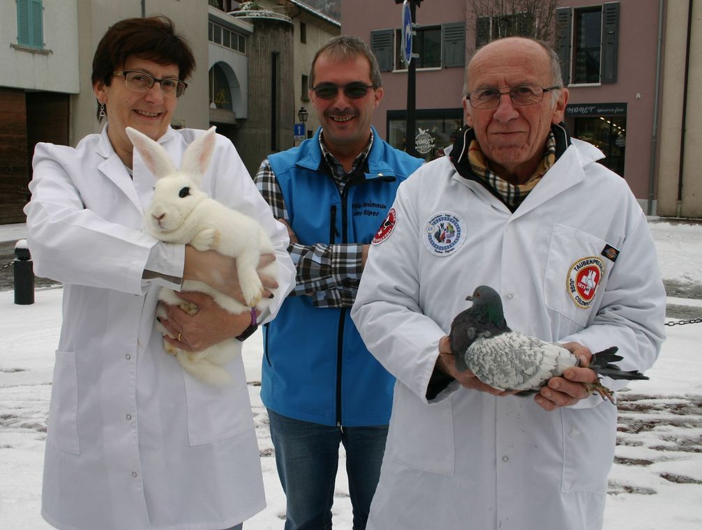 Jeannine Hubert, experte cunicole, et Philippe Duc, juge colombophile, en compagnie d'Alain Terrettaz, président de Petits Animaux des Alpes qui organise la fête cantonale de ce week-end, à Dorénaz.