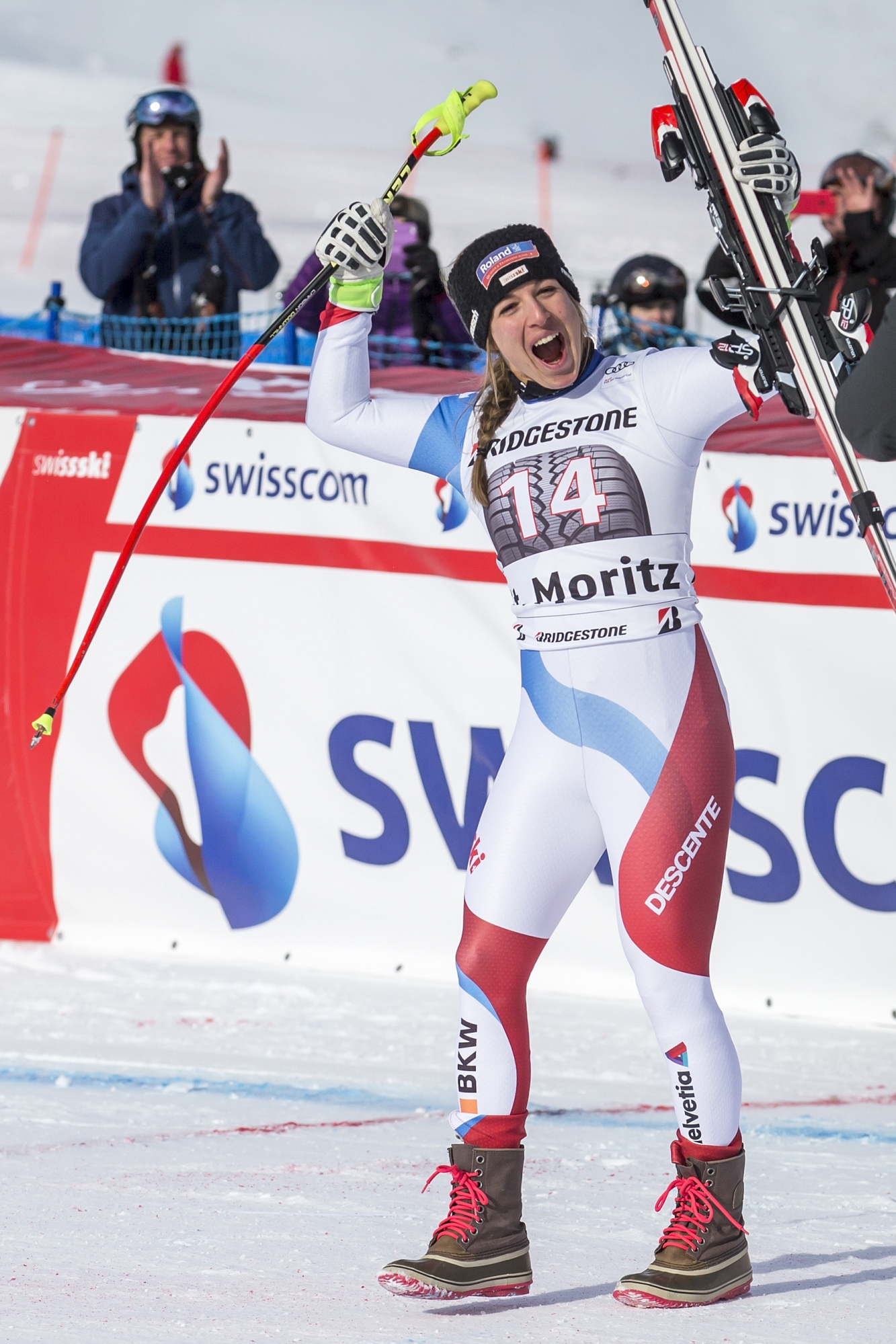 Winner Jasmine Flury of Switzerland, reacts during the podium ceremony after the women's Super-G race at the FIS Alpine Ski World Cup, in St. Moritz, Switzerland, Saturday, December 9, 2017.  (KEYSTONE/Alexandra Wey)