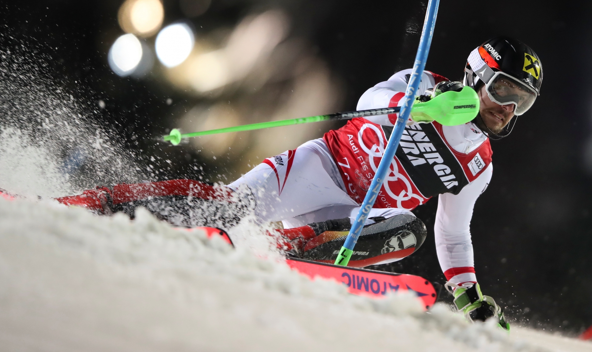 Austria's Marcel Hirscher competes on his way to win an alpine ski, men's World Cup slalom, in Zagreb, Croatia, Thursday, Jan. 4, 2018. (AP Photo/Shinichiro Tanaka) Croatia Alpine Skiing World Cup