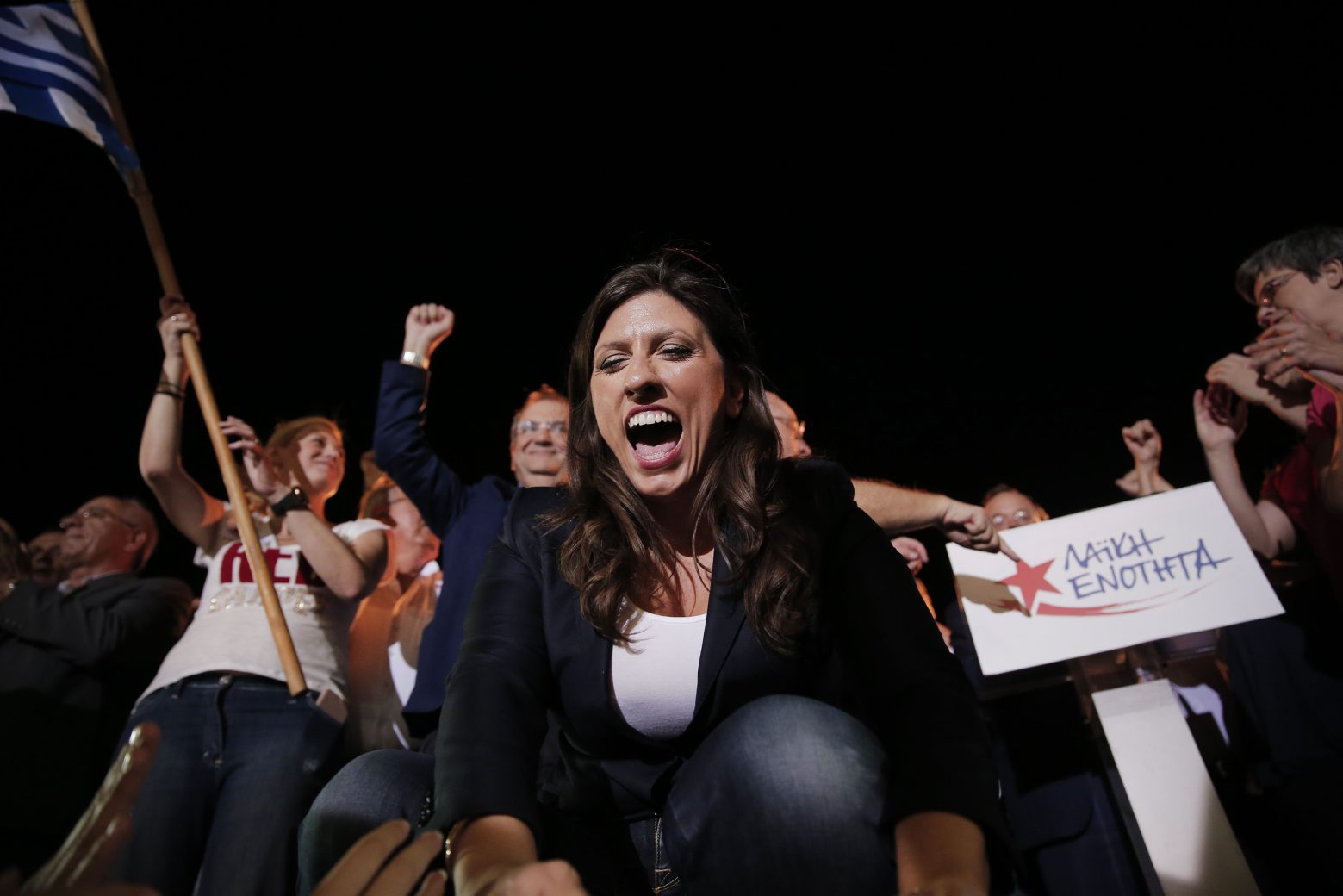 Former speaker of Greek Parliament and candidate with the newly-formed left-wing Popular Unity party Zoe Konstantopoulou acknowledges the supporters during a pre-election rally, in central Athens, Tuesday, Sept. 15, 2015. The party broke away from the governing Syriza party ahead of the Sept. 20 general election, hurting its re-election effort. (AP Photo/Lefteris Pitarakis) GRIECHENLAND WAHLEN PARLAMENT