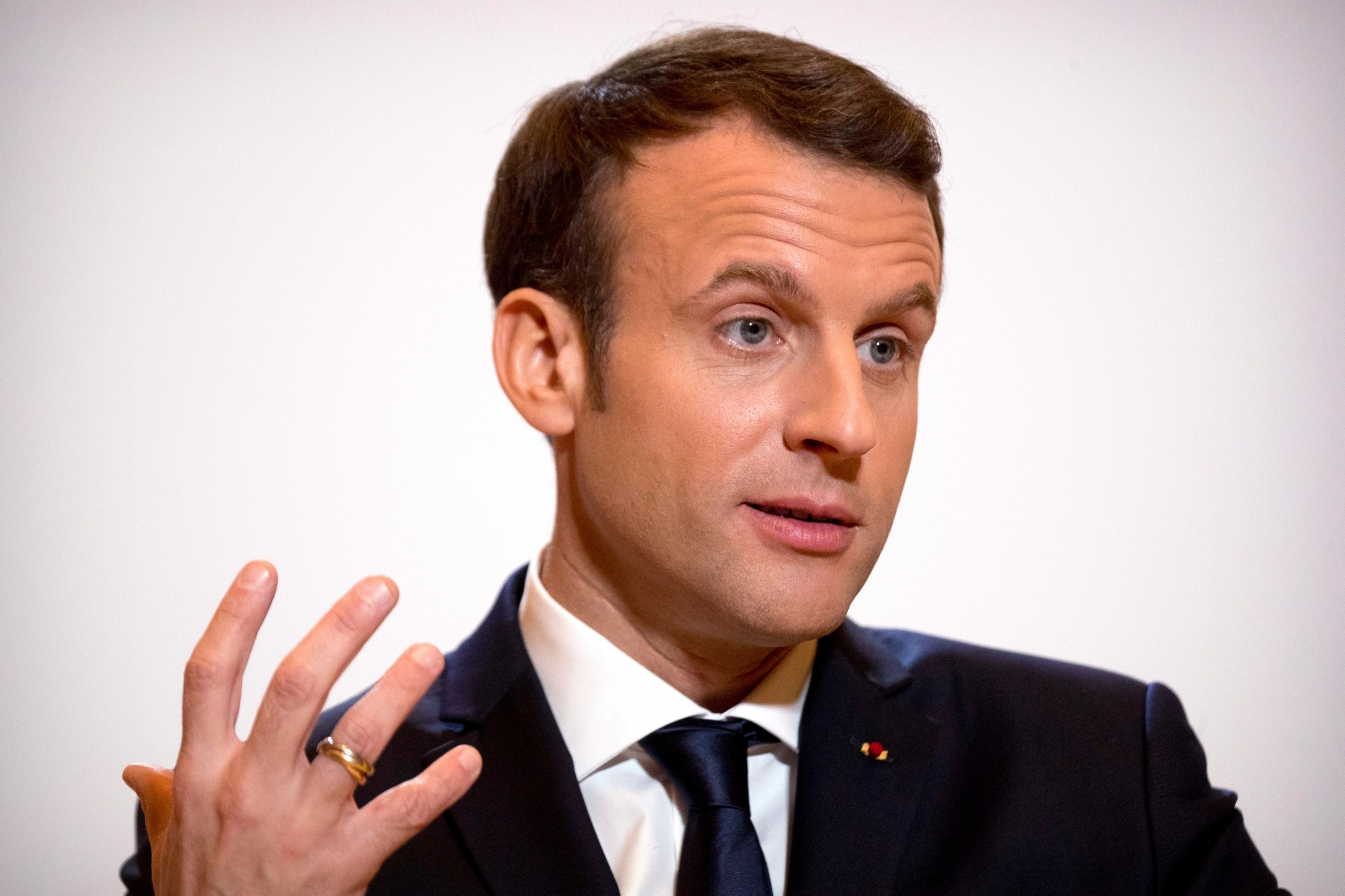 French President Emmanuel Macron speaks at a press conference at the French Embassy in Beijing, Wednesday, Jan. 10, 2018. (AP Photo/Mark Schiefelbein, Pool) China France Macron