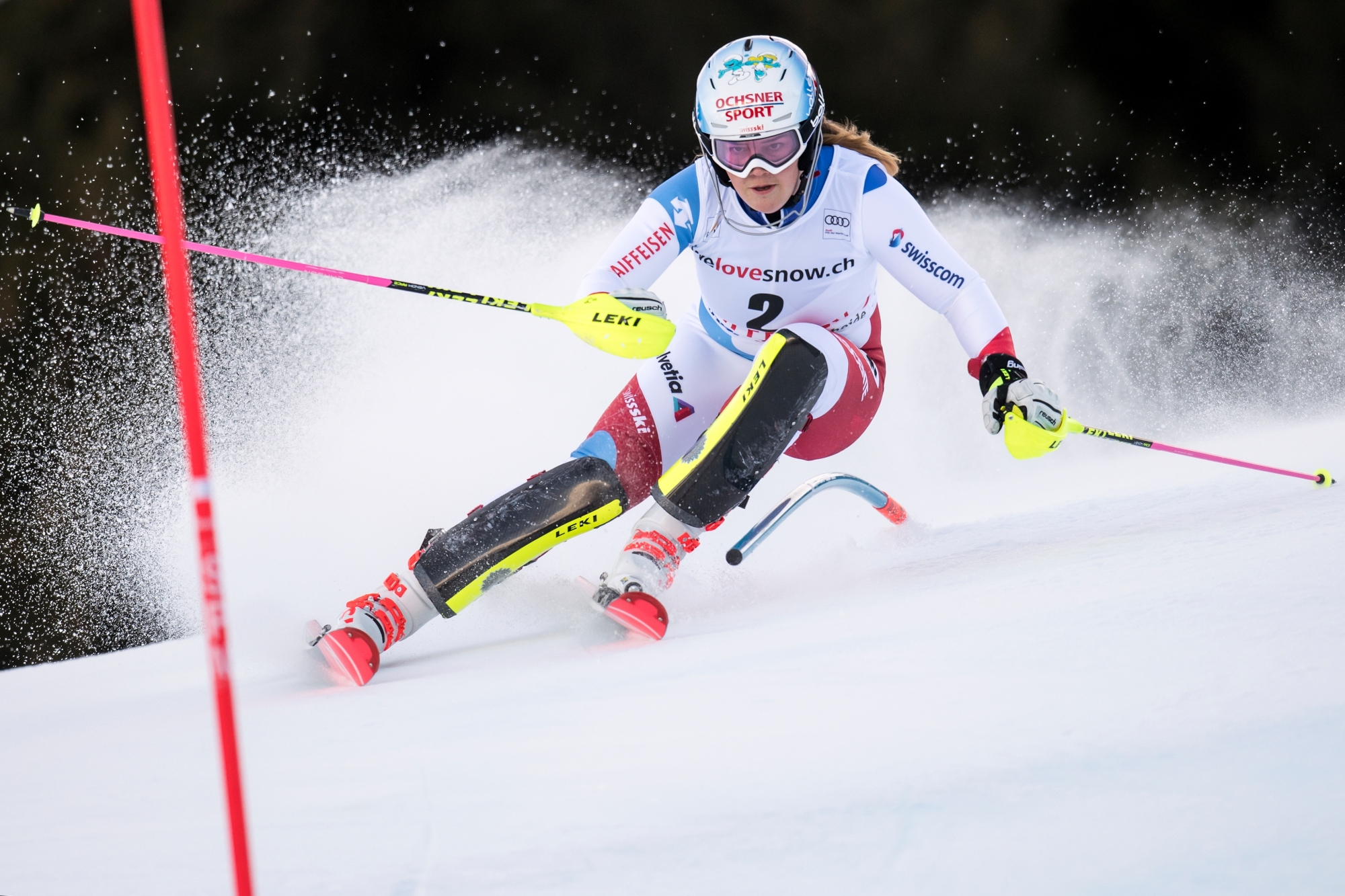 Melanie Meillard of Switzerland in action during the first run of the women's Slalom race at the Alpine Skiing FIS Ski World Cup in Lenzerheide, Switzerland, Sunday, January 28, 2018. (KEYSTONE/Jean-Christophe Bott) SWITZERLAND ALPINE SKIING WORLD CUP LENZERHEIDE