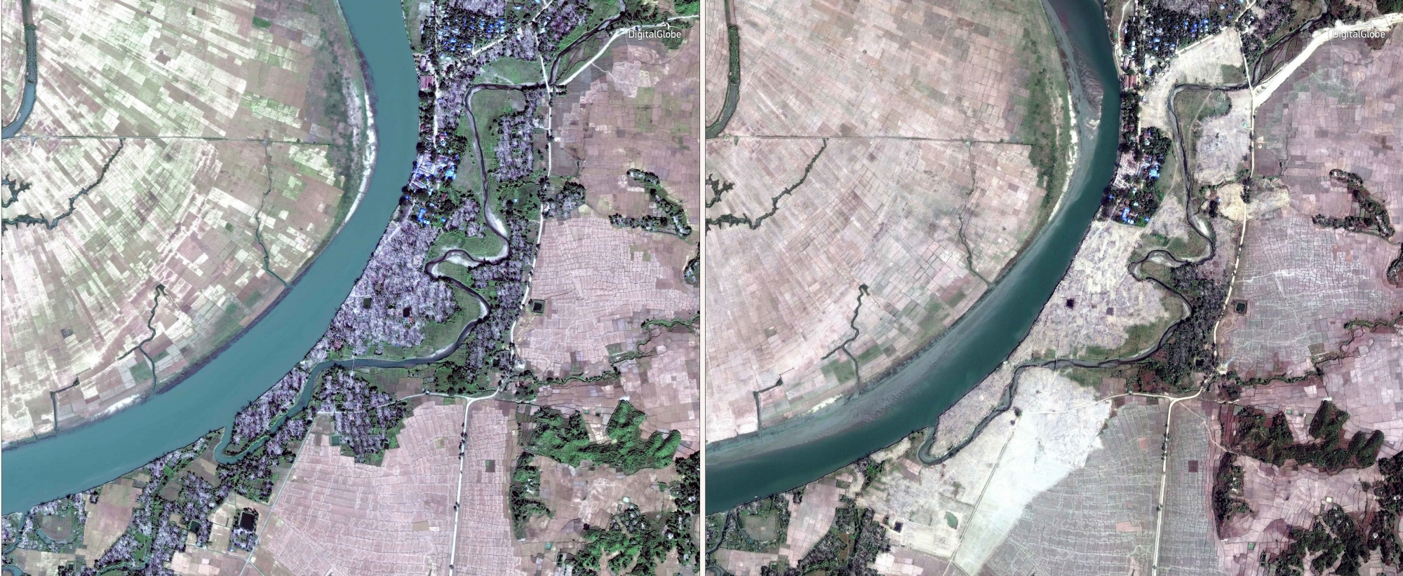 This combination of two satellite images provided by DigitalGlobe, Dec. 2, 2017, left; and Feb. 5, 2018, right; displaying the village of Myar Zin, about 30 kilometers (19 miles) north of Maungdaw, Rakhine state, Myanmar shows, that predominantly Rohingya village and hamlets have been completely leveled by authorities in recent weeks, far more than previously reported. While Myanmar's government claims it's simply trying to rebuild a devastated region, the operation has raised deep concern among human rights advocates, who say the government is destroying what amounts to scores of crime scenes before any credible investigation takes place. (DigitalGlobe via AP) Myanmar Bulldozing History