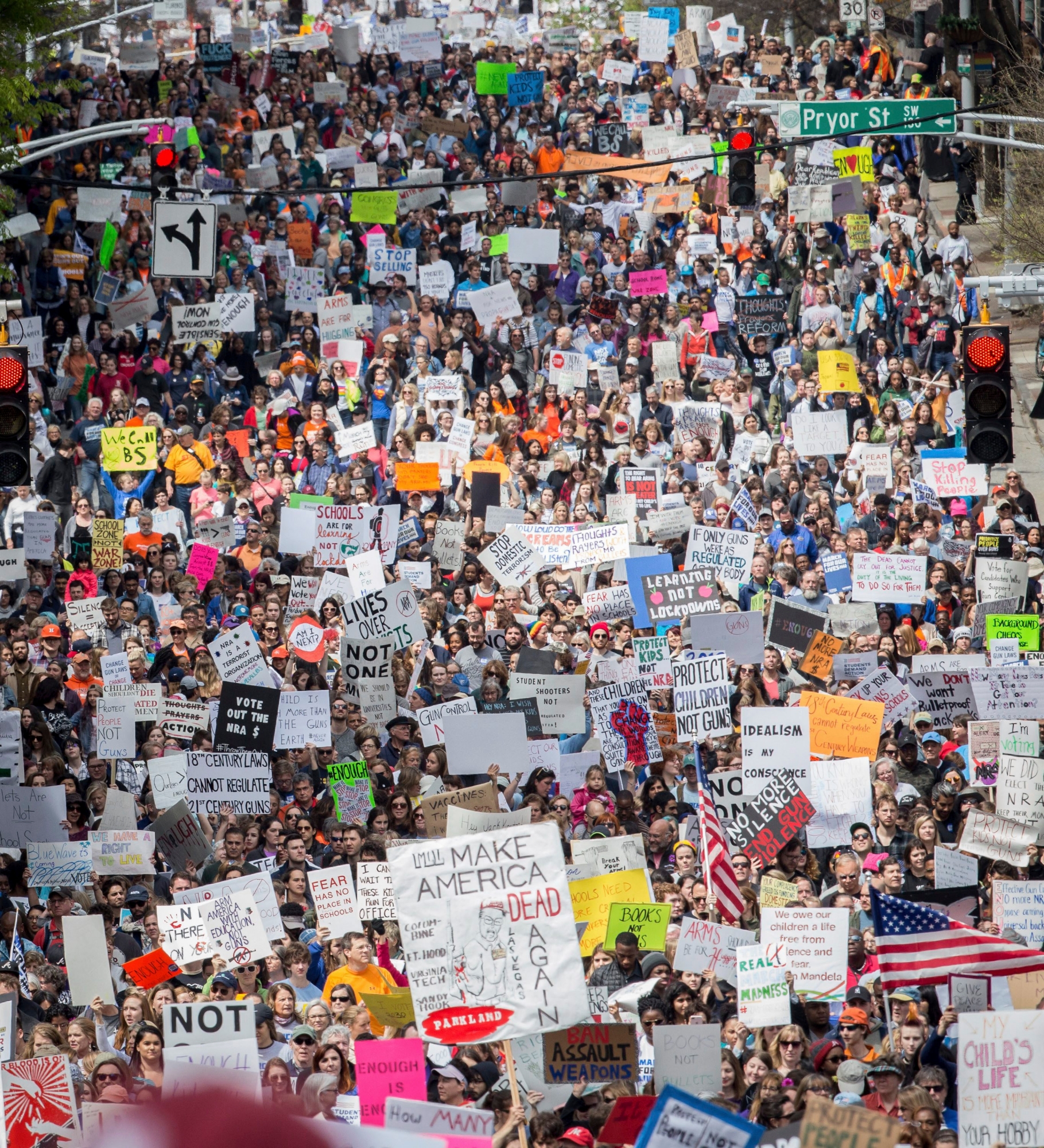 A large crowd fills the streets during the "March For Our Life" Atlanta rally Saturday, March 24, 2018. The Atlanta police department estimated the crowd at near 30,000 people. Students and activists across the country planned events n conjunction with a Washington march spearheaded by teens from Marjory Stoneman Douglas High School in Parkland, Fla., where 17 people were killed in February  (Steve Schaefer/Atlanta Journal-Constitution via AP) Student Gun Protests Atlanta
