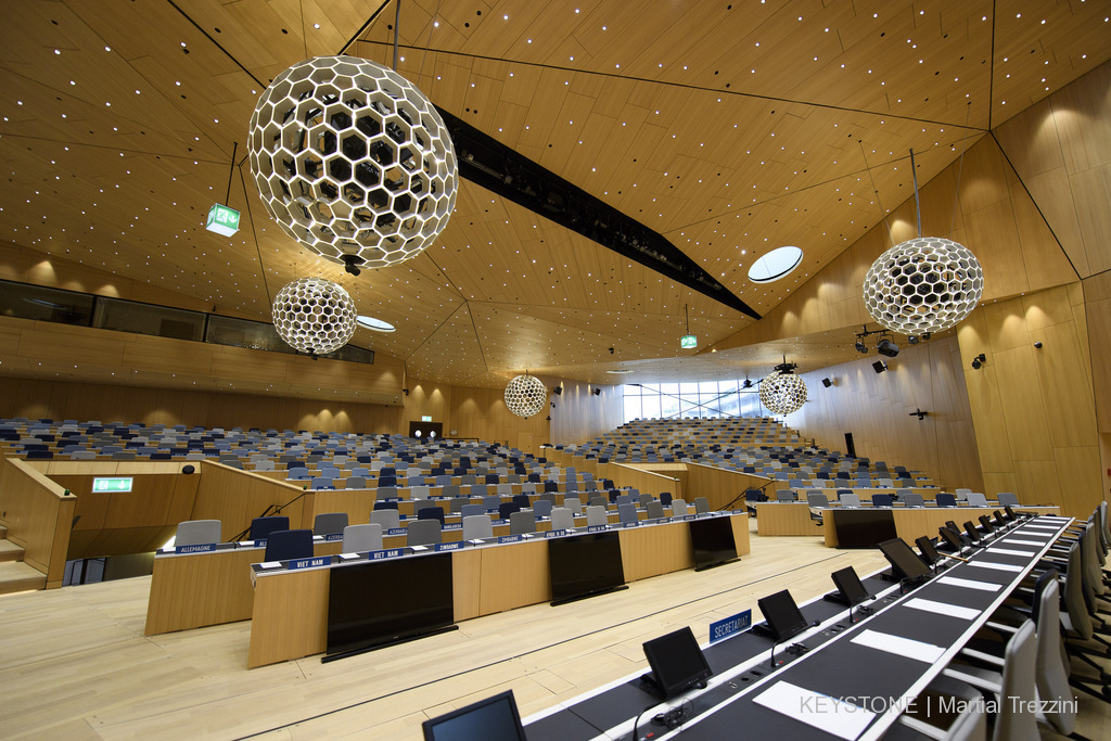 La salle de conférence de l'OMPI dans l'un des nouveaux bâtiments de l'Organisation Mondiale de la Propriété Intellectuelle (archives).