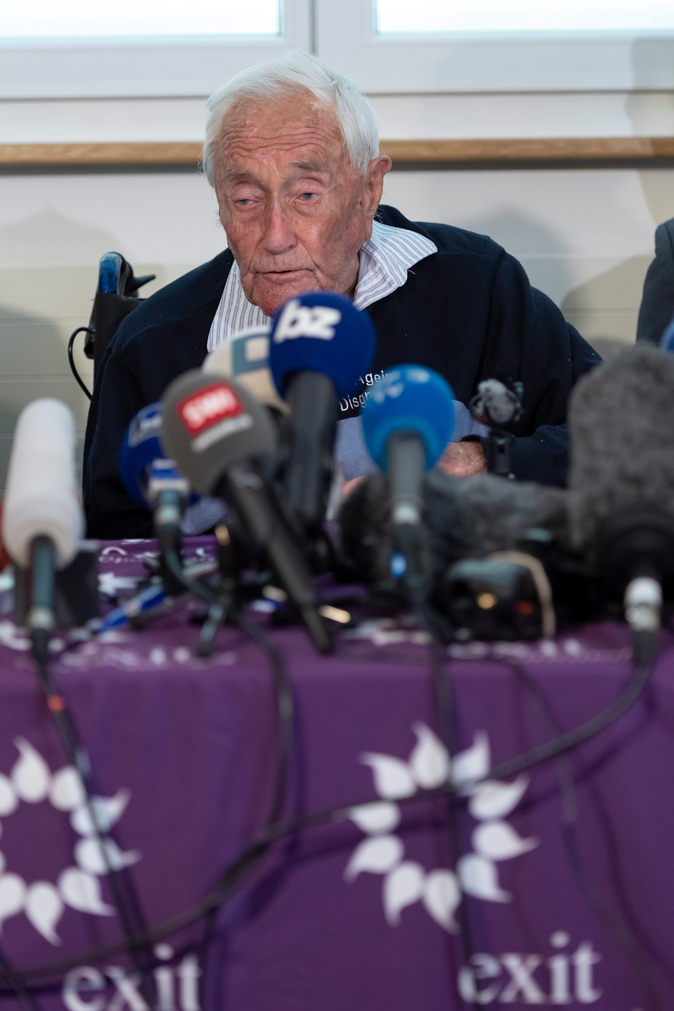 104-year-old Australian scientist David Goodall speaks during his press conference a day before his assisted suicide in Basel, Switzerland, on Wednesday, May 9, 2018. (KEYSTONE/Georgios Kefalas) SWITZERLAND DAVID GOODALL EUTHANASIA