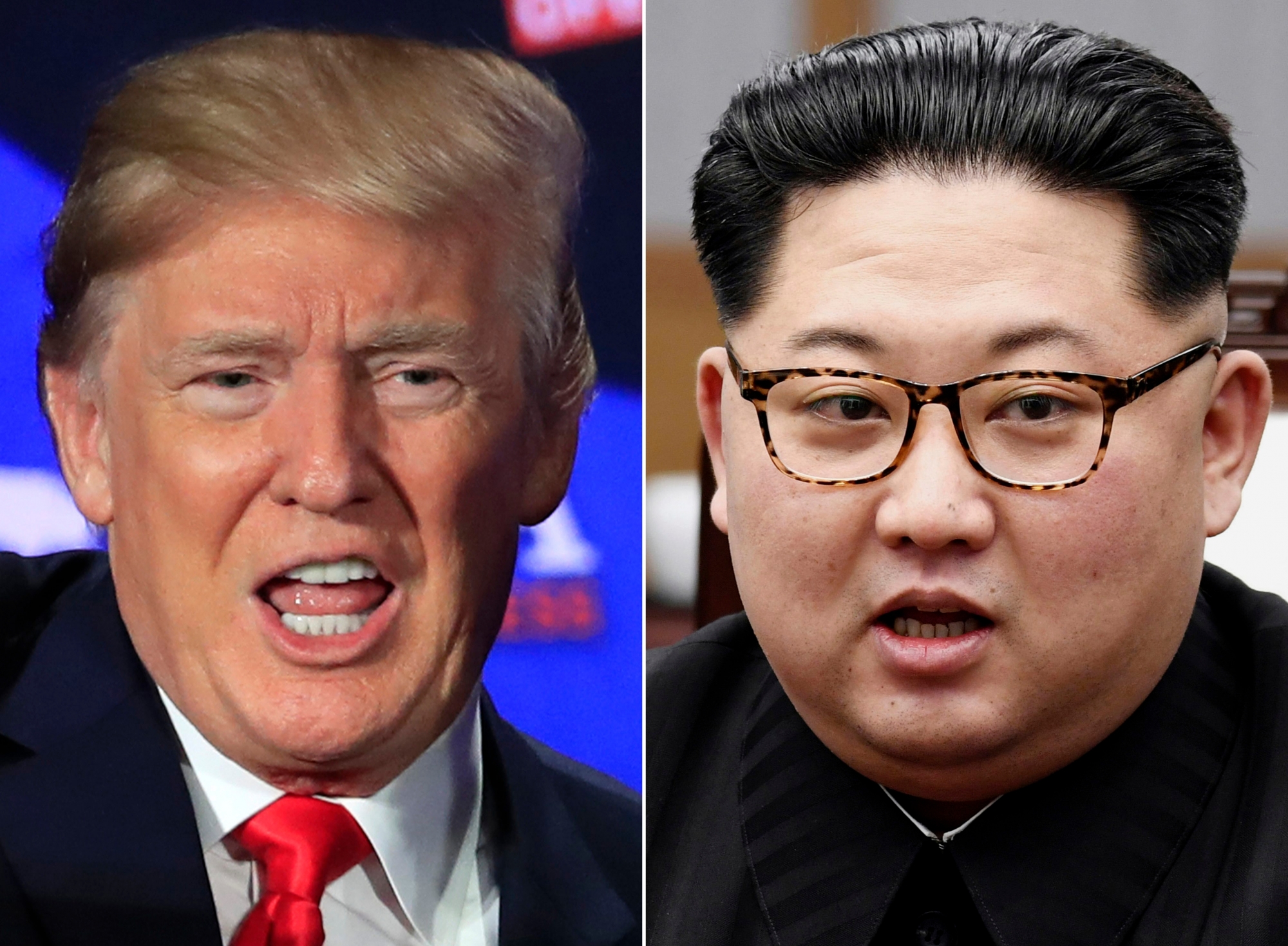 FILE - This combination of two file photos shows U.S. President Donald Trump, left, speaking during a roundtable discussion on tax cuts in Cleveland, Ohio, May 5, 2018 and North Korean leader Kim Jong Un, right, talking with South Korean President Moon Jae-in in Panmunjom, South Korea, April 27, 2018. With just weeks to go before President Trump and North Korean leader Kim are expected to hold their first-ever summit, Pyongyang on Sunday, May 6, 2018, criticized what it called "misleading" claims that Trump's policy of maximum political pressure and sanctions are what drove the North to the negotiating table. (AP Photo/Manuel Balce Ceneta, Korea Summit Press Pool via AP, File) North Korea US