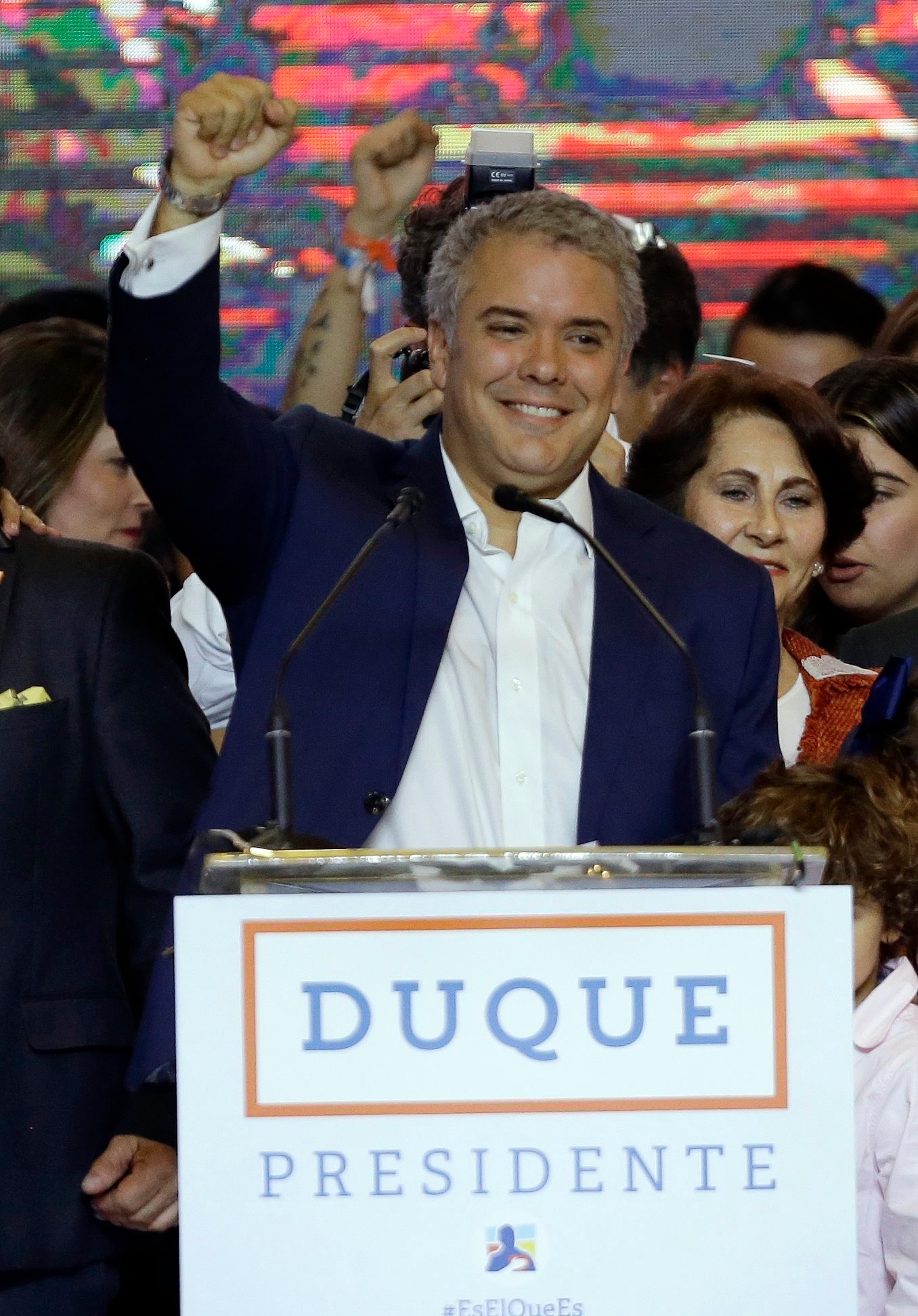 Ivan Duque, candidate of the Democratic Centre party, celebrates his victory in the presidential runoff election, in Bogota, Colombia, Sunday, June 17, 2018. Duque defeated Gustavo Petro, a former leftist rebel and ex-Bogota mayor. (AP Photo/Fernando Vergara) Colombia Presidential Election