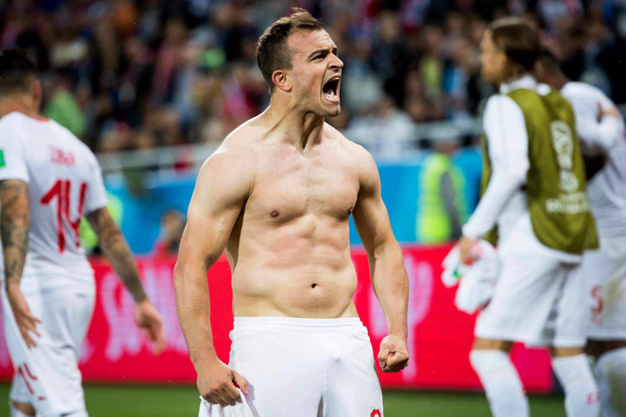 Switzerland's midfielder Xherdan Shaqiri, celebrates after scoring a goal during the FIFA World Cup 2018 group E preliminary round soccer match between Switzerland and Serbia at the Arena Baltika Stadium, in Kaliningrad, Russia, Friday, June 22, 2018. (KEYSTONE/Laurent Gillieron) RUSSIA SOCCER FIFA WORLD CUP 2018 SWITZERLAND SERBIA