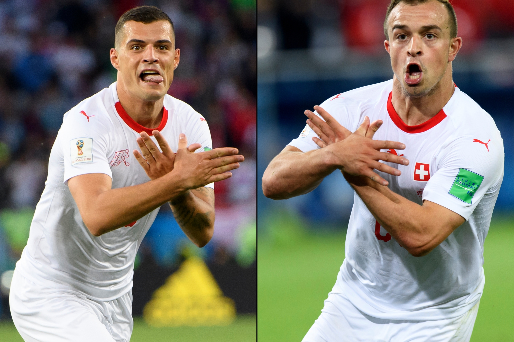 ARCHIVBILD --- ZUR DROHENDEN SPERRE WEGEN PROVOKATION GEGEN DIE SPIELER DER SCHWEIZER NATIONALMANNSCHAFT, XHAKA, SHAQIRI UND LICHTSTEINER, STELLEN WIR IHNEN FOLGENDES BILDMATERIAL ZUR VERFUEGUNG --- A combo of two pictures shows the celebration for the first goal of Switzerland's midfielder Granit Xhaka, left, and the victory goal of Switzerland's midfielder Xherdan Shaqiri, right, both making the eagle emblem of Albania during the FIFA World Cup 2018 group E preliminary round soccer match between Switzerland and Serbia at the Arena Baltika Stadium, in Kaliningrad, Russia, Friday, June 22, 2018. (KEYSTONE/Laurent Gillieron) FUSSBALL WM 2018 DROHENDE SPERRE