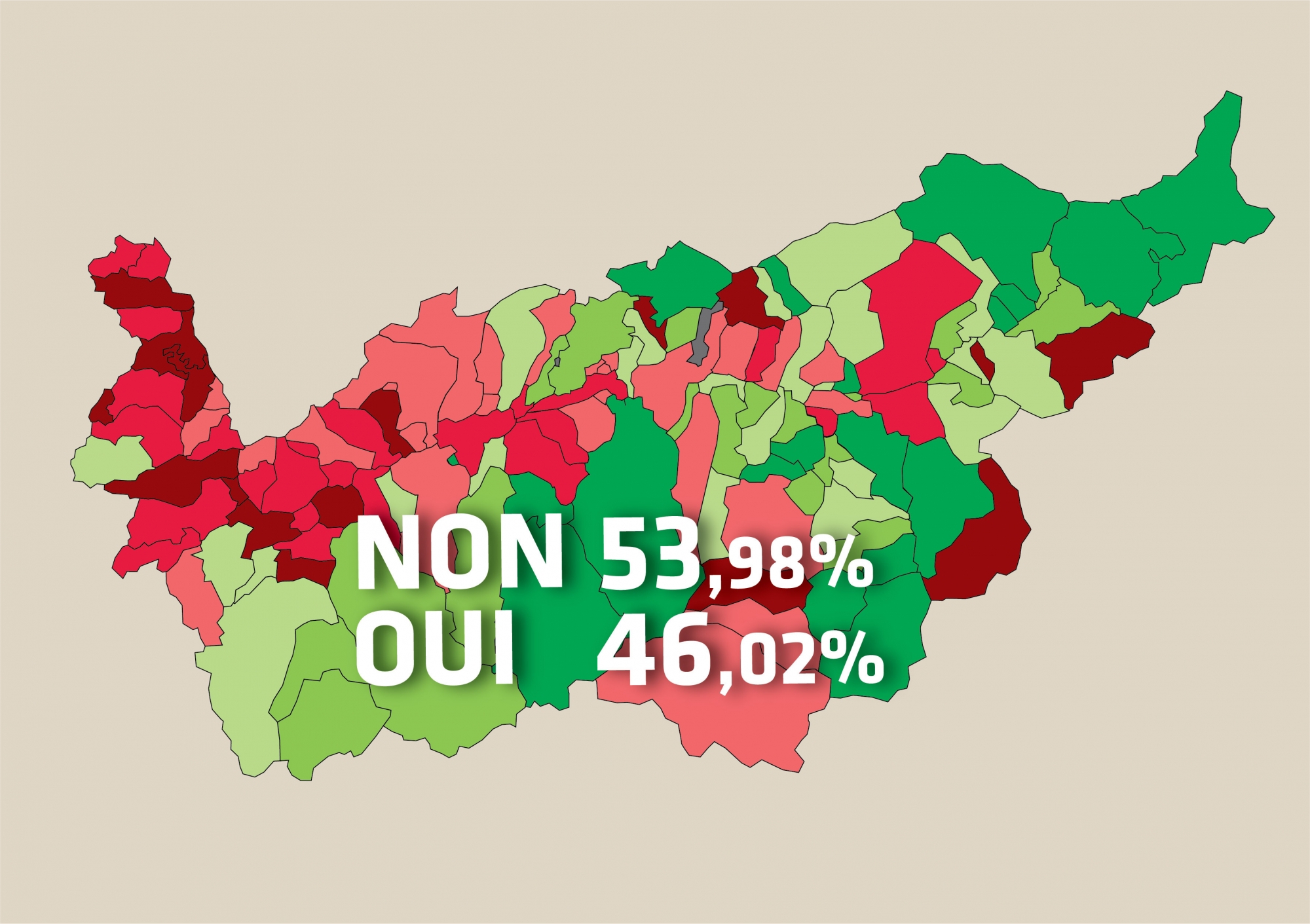 Le Valais qui dit non (en rouge) et le Valais qui dit oui (en vert).