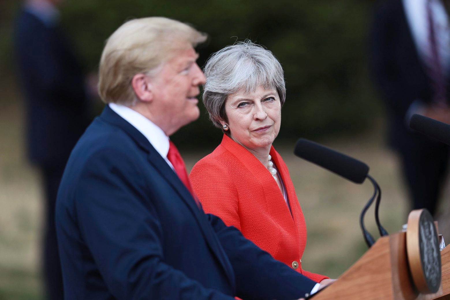 British Prime Minister Theresa May and U.S President Donald Trump hold a joint press conference at Chequers, in Buckinghamshire, England, Friday, July 13, 2018. (Jack Taylor/Pool Photo via AP) Britain Trump Visit