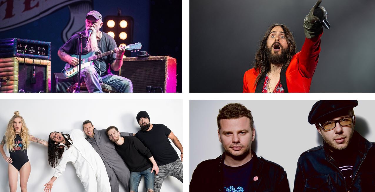 Seasick Steve, Jared Leto (leader de Thirty Seconds to Mars), Walk off the Earth et The Chemical Brothers (de haut en bas), des phénomènes chacun à leur manière. 