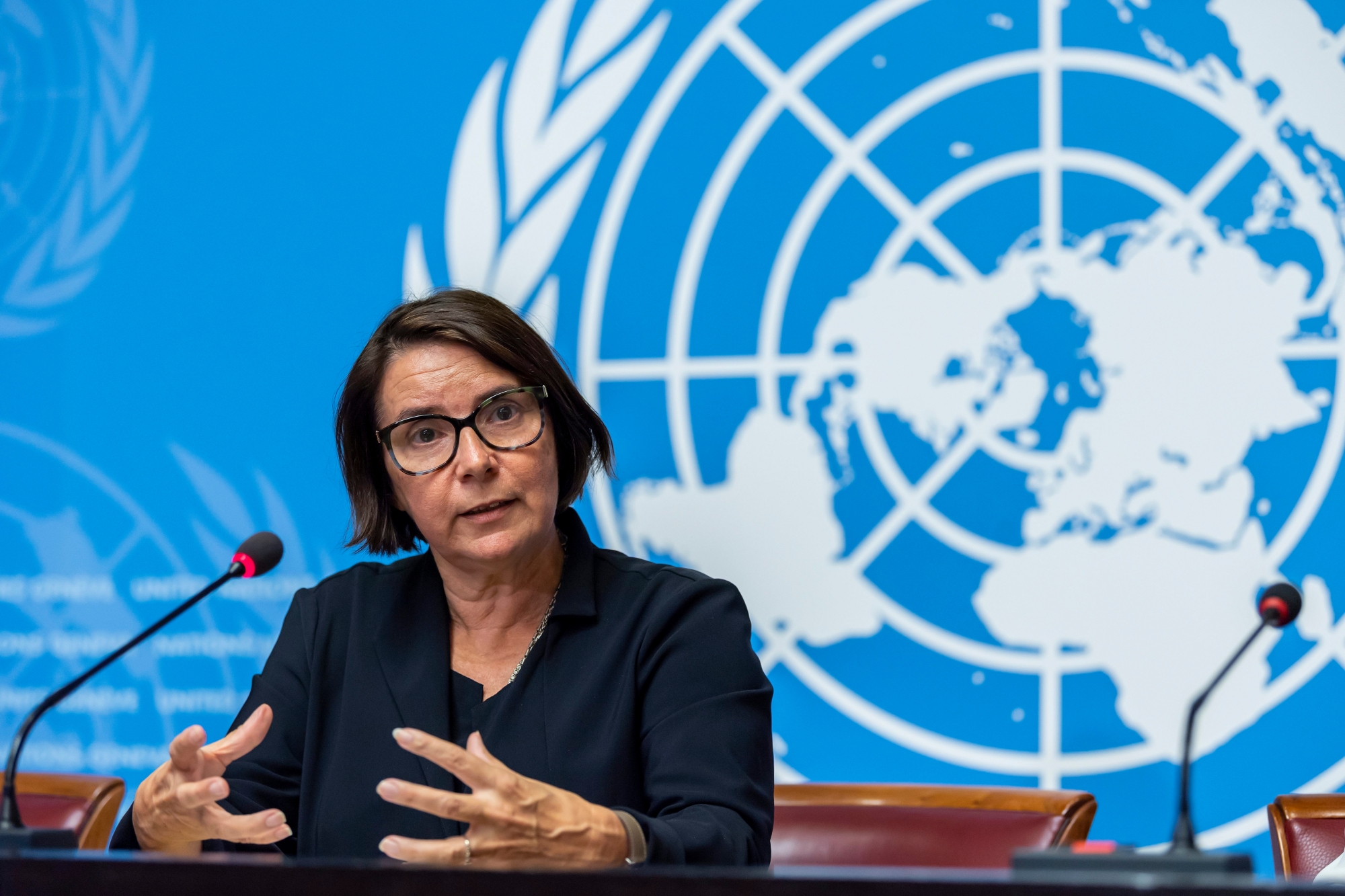 French Catherine Marchi-Uhel, head of the International, Impartial and Independent Mechanism (IIIM), speaks about the International, Impartial and Independent Mechanism to Assist in the Investigation and Prosecution of Persons Responsible for the Most Serious Crimes under International Law Committed in the Syrian Arab Republic since March 2011 (Mechanism), during a press conference, at the European headquarters of the United Nations in Geneva, Switzerland, Thursday, September 20, 2018. (KEYSTONE/Martial Trezzini) SWITZERLAND UNO CRIMES MECHANISM SYRIAN