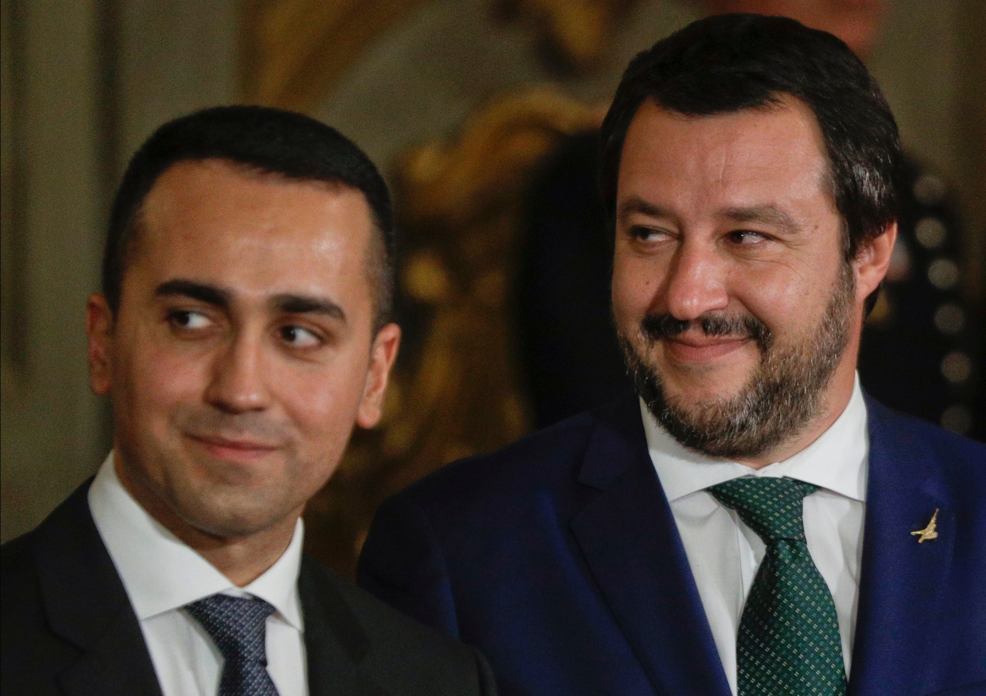 FILE - In this June 1, 2018 file photo, leader of the League party Matteo Salvini, right, stands by Luigi Di Maio, leader of the Five-Star movement, prior to the swearing-in ceremony for Italy's new government at Rome's Quirinale Presidential Palace. Five weeks after taking national office, opinion polls indicate that SalviniÄôs anti-migrant, anti-European Union party has soared in popularity.(AP Photo/Gregorio Borgia, file) ITALY POLITICS ONE MAN SHOW