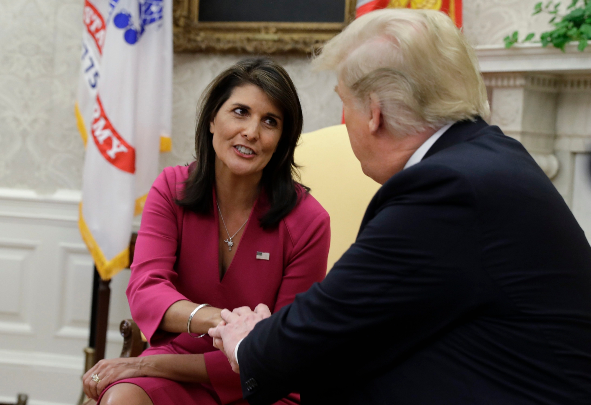 President Donald Trump meets with outgoing U.S. Ambassador to the United Nations Nikki Haley in the Oval Office of the White House, Tuesday, Oct. 9, 2018, in Washington. (AP Photo/Evan Vucci) Trump Haley