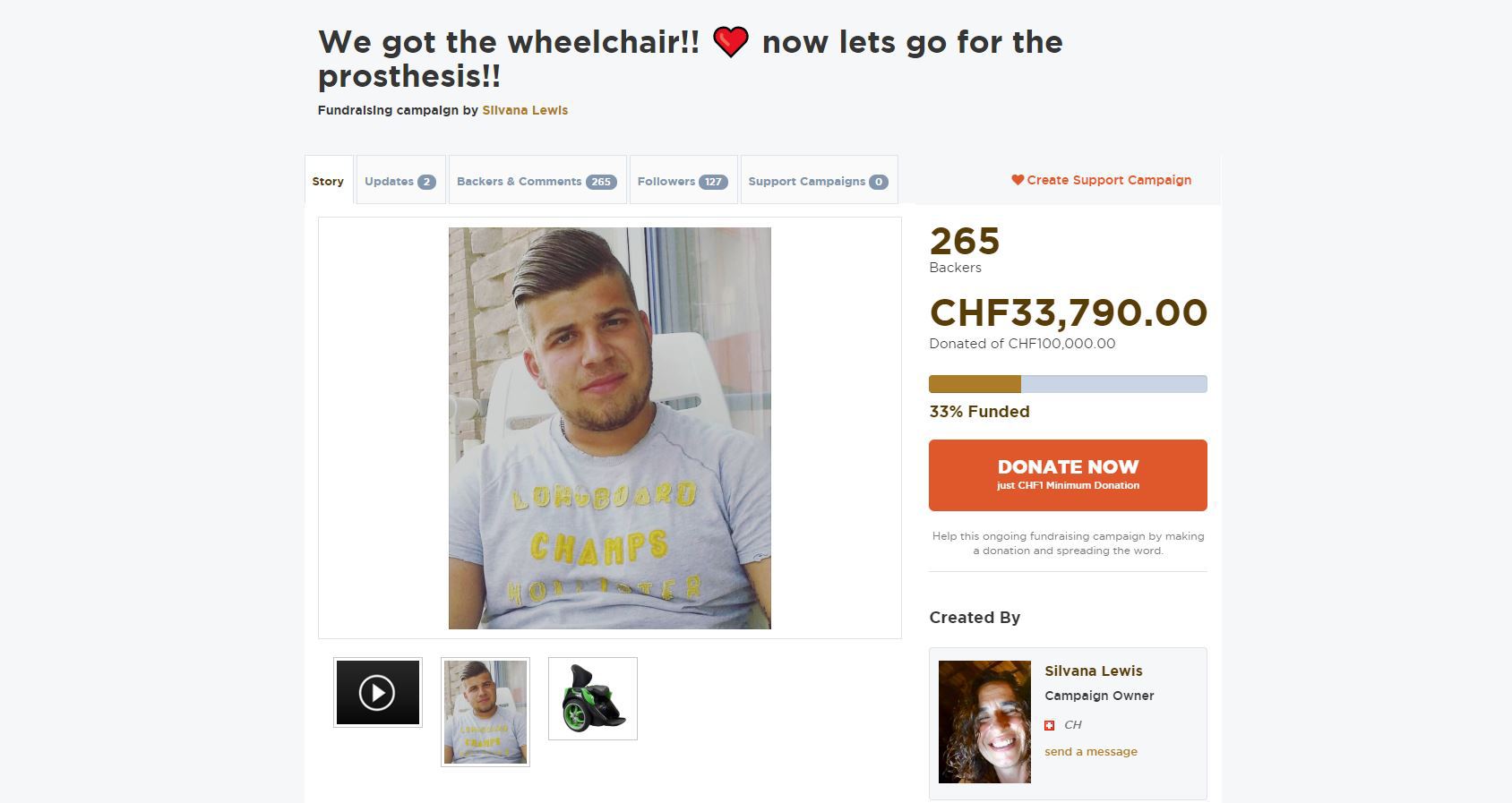 Le financement participatif lancé par la tante du jeune homme de 24 ans a rapidement atteint le premier objectif fixé à 20000 francs pour une chaise roulante.