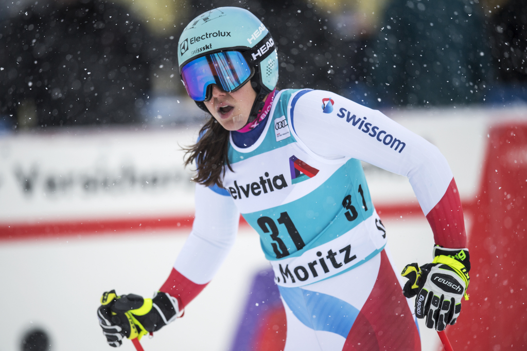 Wendy Holdener of Switzerland reacts in the finish area during the women's parallel slalom round of 32 at the FIS Alpine Ski World Cup, in St. Moritz, Switzerland, Sunday, December 9, 2018. (KEYSTONE/Gian Ehrenzeller)