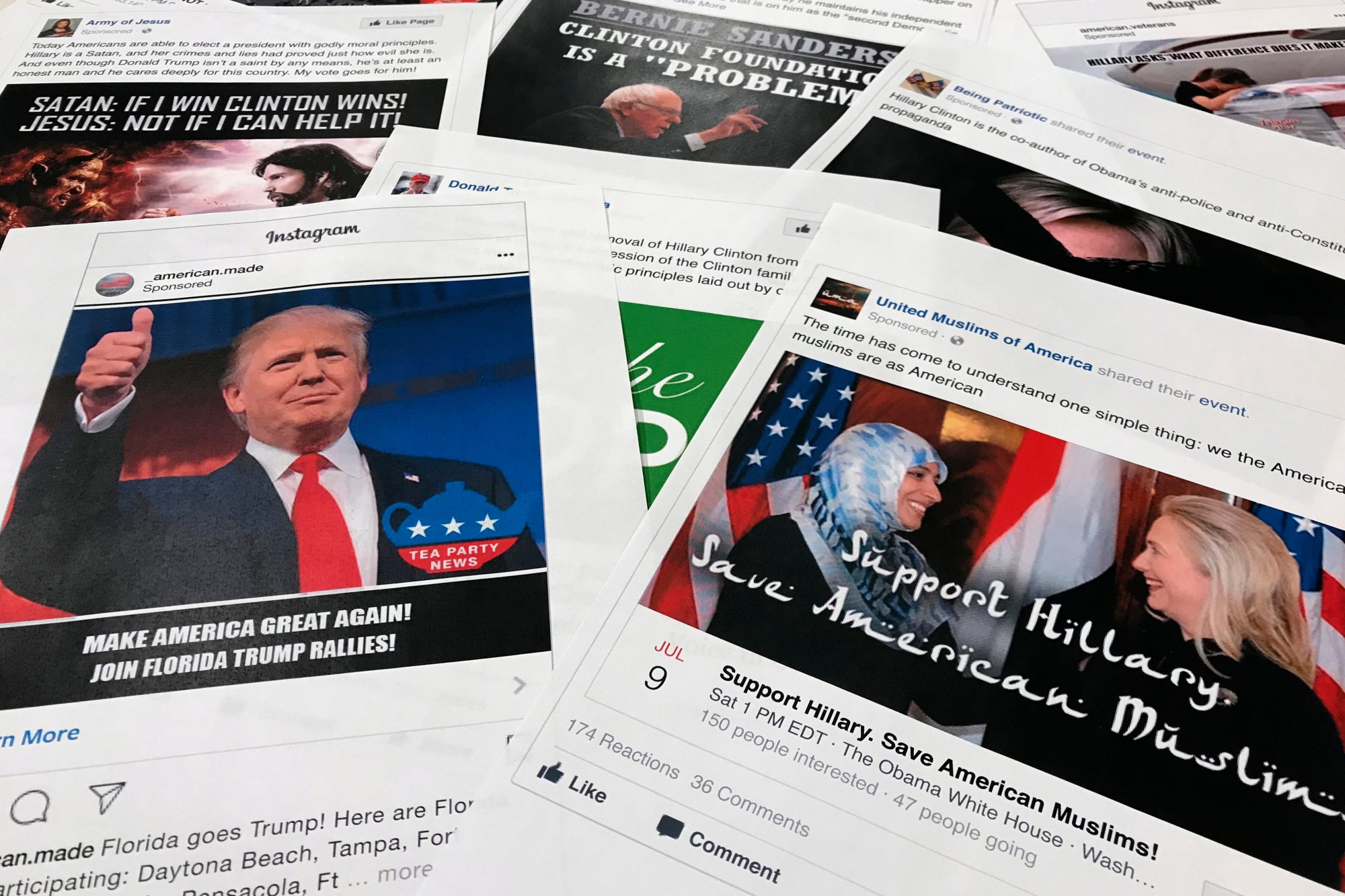 Some of the Facebook and Instagram ads linked to a Russian effort to disrupt the American political process and stir up tensions around divisive social issues, released by members of the U.S. House Intelligence committee, are photographed in Washington, on Wednesday, Nov. 1, 2017.   A report compiled by private researchers and released by the Senate intelligence committee Monday says that "active and ongoing" Russian interference operations still exist on social media platforms, and that the Russian operation discovered after the 2016 presidential election was much broader than once thought.  (AP Photo/Jon Elswick) Trump Russia Probe Social Media