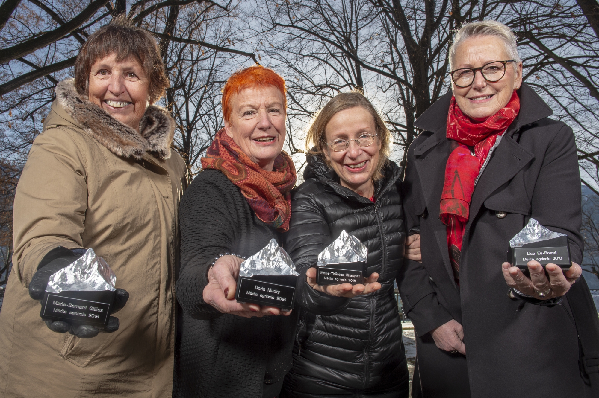 Marie-Bernard Gillioz, Doris Mudry, Marie-Thérèse Chappaz et Lise Es-Borrat, liées par une franche camaraderie, ont reçu les premiers Mérites Agricoles du canton du Valais, symbolisés par un trophée en forme de Cervin créé par l'Ecole des métiers du Valais.