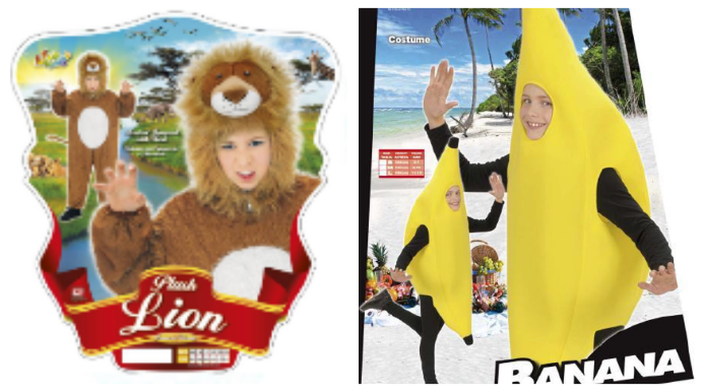 Les produits concernés sont le costume peluche lion, le costume vampire fille (seulement le col), le costume banane et costume clown effrayant (seulement la tête). 