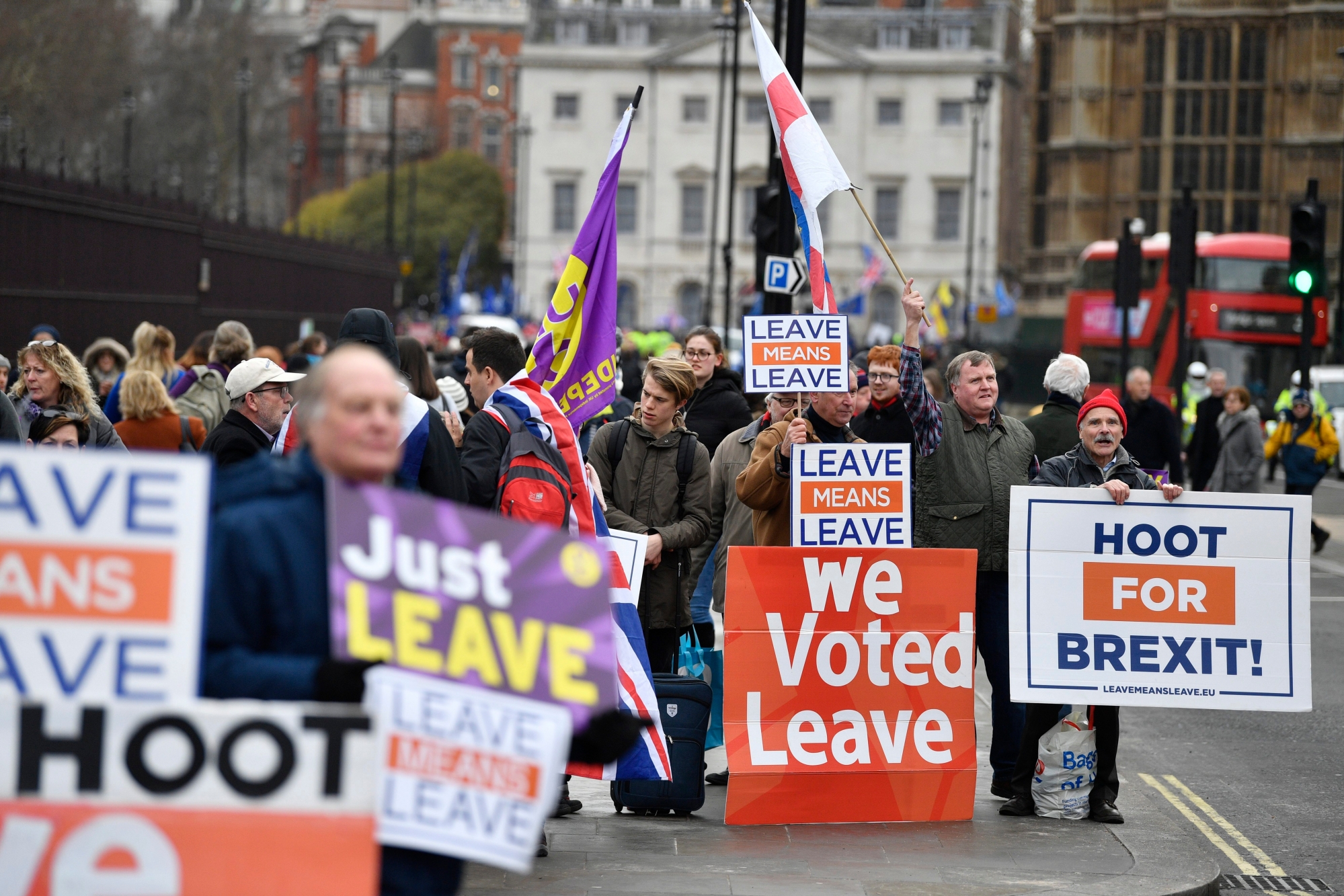 epa07329850 Pro-leave protesters demonstrate outside parliament  in London, Britain 29 January 2019. The House of Commons is set to vote on amendments to British Prime Minister Theresa May's Brexit plan in parliament on 29 January .  EPA/NEIL HALL BRITAIN PARLIAMENT BREXIT