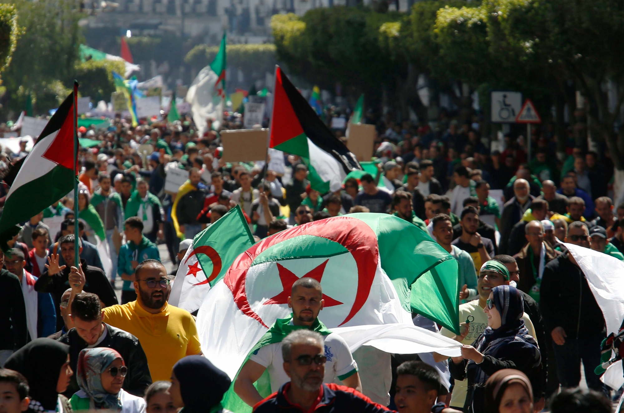 Demonstrators march with national flags during a protest in Algiers, Algeria, March 29, 2019. Algerians taking to the streets for their sixth straight Friday of protests aren't just angry at their ailing president, they want to bring down the entire political system that has sustained him. (AP Photo/Toufik Doudou) Algeria Protests