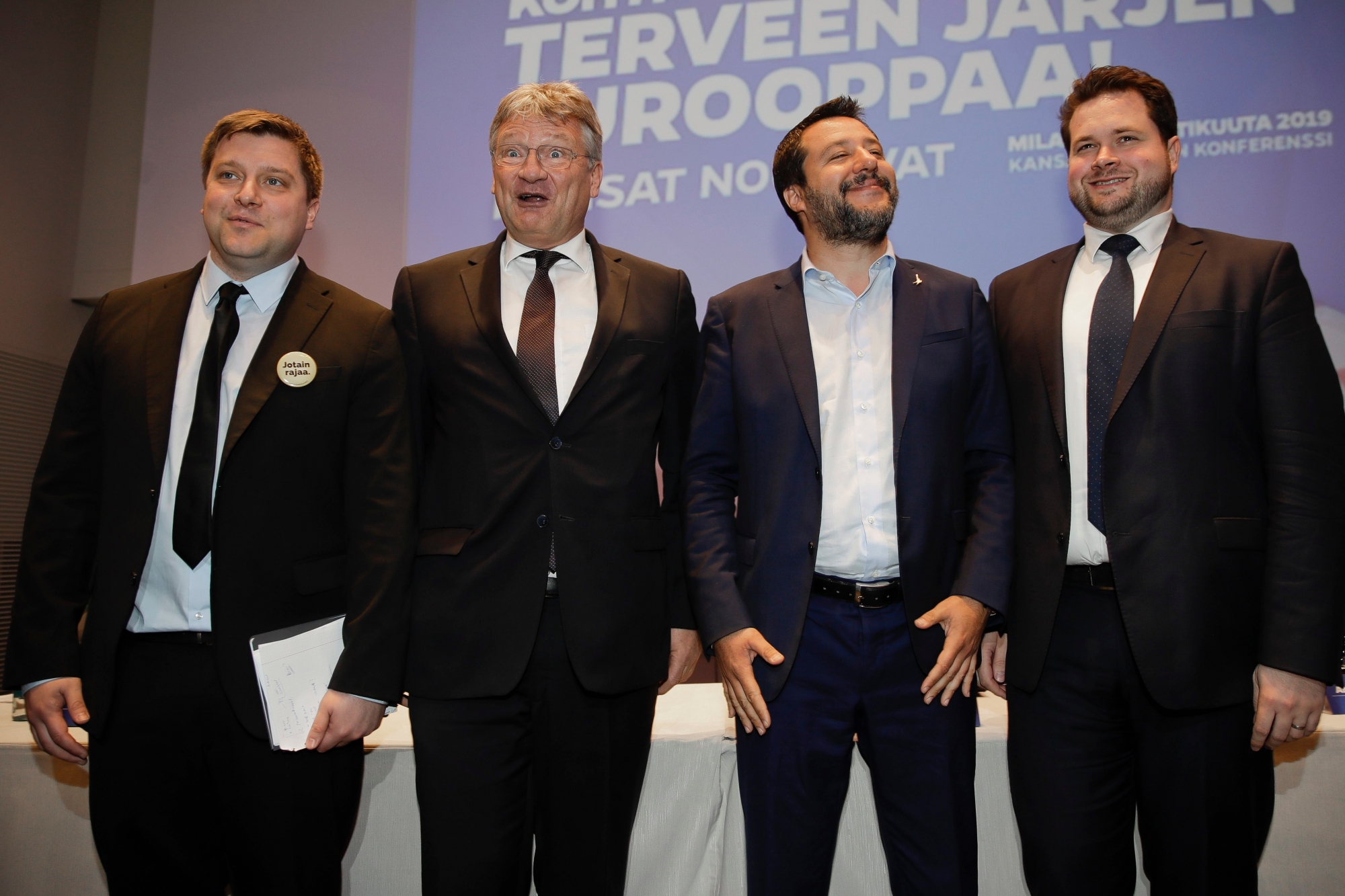 From left, Olli Kotro, leader of The Finns Party, Jörg Meuthen, leader of Alternative For Germany party, Matteo Salvini, Italian deputy-Premier and leader of the League party, and Anders Vistisen, leader of the Danish People's Party, pose for the media prior to the start of a press conference, in Milan, Monday, April 8, 2019. Salvini, Italy's hard-line vice Premier, is meeting with like-minded leaders of European right-wing party as he seeks to form a broad alliance ahead of the European elections next month. (AP Photo/Luca bruno) Italy Europe Right Unites