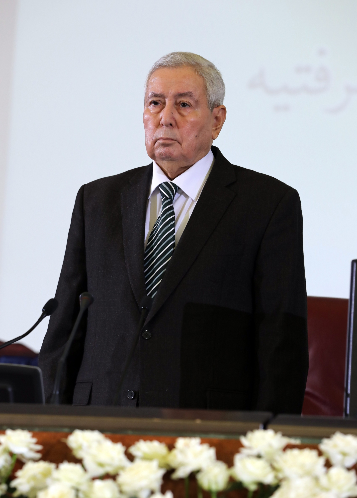 epa07493483 President of Algerian Council of the Nation (upper house of parliament) Abdelkader Bensalah attends a joint parliament session at the Palais des Nations in Algiers, Algeria, 09 April 2019. Algerian lawmakers of the two houses of the Parliament, the Council of the Nation and the PeopleÄôs National Assembly, held a joint session and named Bensalah as interim president after the resignation of Abdelaziz Bouteflika on 02 April. According to constitutional rules, Bensalah will assume a 90-day interim presidency.  EPA/MOHAMED MESSARA ALGERIA POLITICAL CRISIS