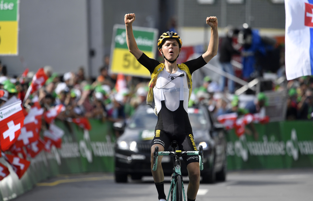 Antwan Tolhoeck from the Netherlands of team Jumbo-Visma wins the sixth stage, a 120.2 km race from Einsiedeln to Flumserberg, Switzerland, at the 83rd Tour de Suisse UCI ProTour cycling race, on Thursday, June 20, 2019. (KEYSTONE/Gian Ehrenzeller)