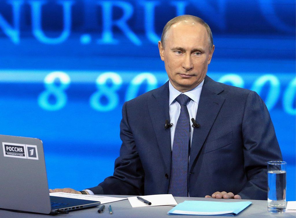 Russian President Vladimir Putin listens to a question during an annual call-in show on Russian television "Conversation With Vladimir Putin"  in Moscow on Thursday, April 25, 2013. (AP Photo/RIA Novosti, Alexei Nikolsky, Presidential Press Service)