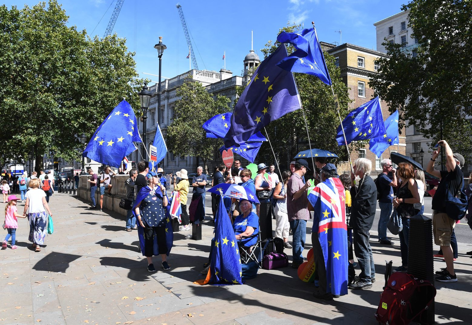 epa07801065 Anti Brexit protesters shout slogans  next to the Cabinet Office in London, Britain, 29 August 2019. The UK government is to suspend Parliament after the summer break, a move that might block MPs from voting against a possible no-deal Brexit.  EPA/FACUNDO ARRIZABALAGA . BRITAIN POLITICS BREXIT