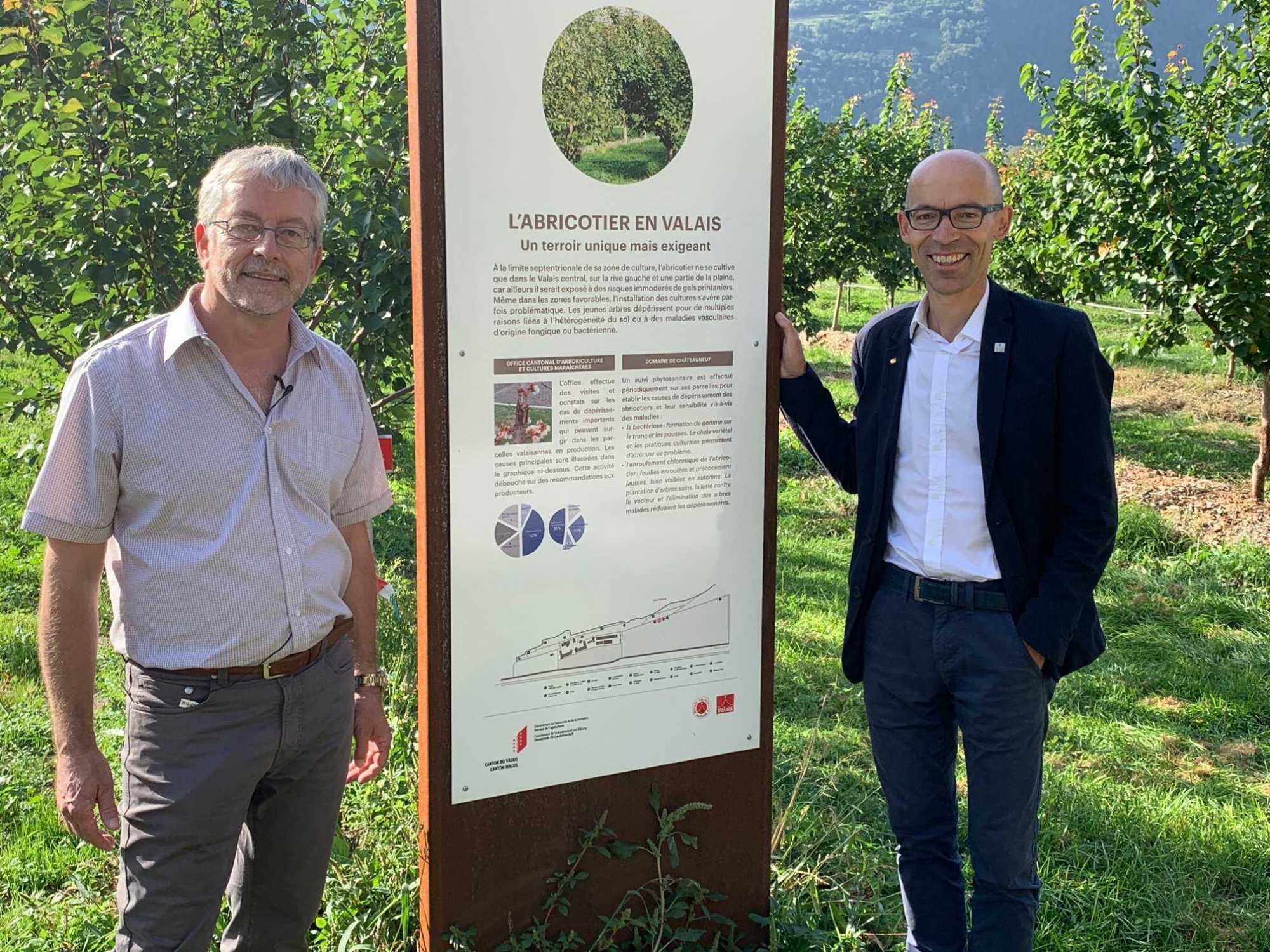 Le directeur de l'Ecole d'agriculture du Valais, Guy Bianco, et le chef du Service de l'agriculture, Gérald Dayer, devant l'un des 18 panneaux qui balisent le nouveau sentier didactique tracé autour du site de Châteauneuf.