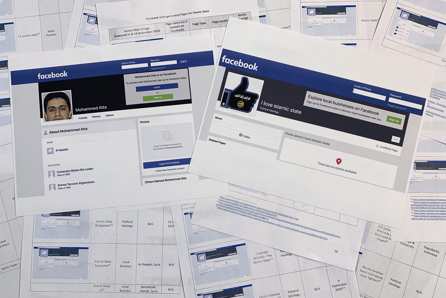 Pages from a confidential whistleblower's report obtained by The Associated Press, along with two printed Facebook pages that were active on Tuesday, Sept. 17, 2019, are photographed in Washington. Facebook likes to say that its automated systems remove the vast majority of prohibited content glorifying the Islamic State group and al-Qaida before itÄôs reported. But a whistleblowerÄôs complaint shows that Facebook itself has inadvertently produced dozens of pages in their names. (AP Photo/Jon Elswick) Facebook Extremism