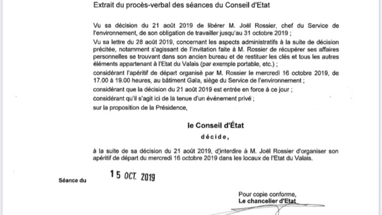 L'extrait du procès verbal de séance du Conseil d'Etat rendu public par l'ex-chef du Service de l'environnement Joël Rossier mardi 22 octobre 2019.