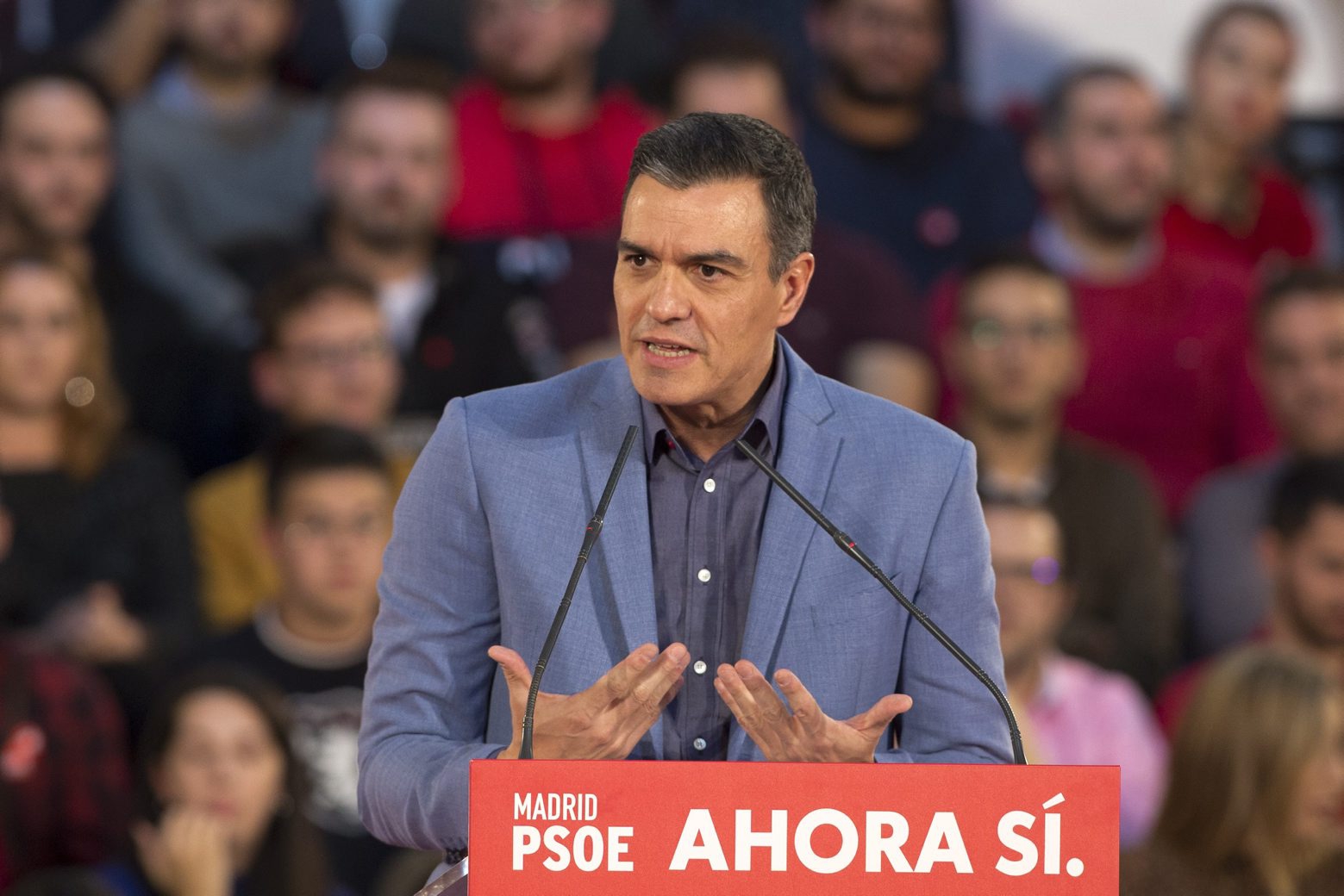 Spain's caretaker Prime Minister and socialist candidate Pedro Sanchez makes a speech during the last day of campaign rallies in Alcala de Henares, Spain, Friday Nov. 8, 2019. Spaniards are voting Sunday for the fourth time in as many years to elect the prime minister who will face a renewed Catalan independence bid that has boosted support for the far-right elsewhere in the country. (AP Photo/Paul White) Spain Election