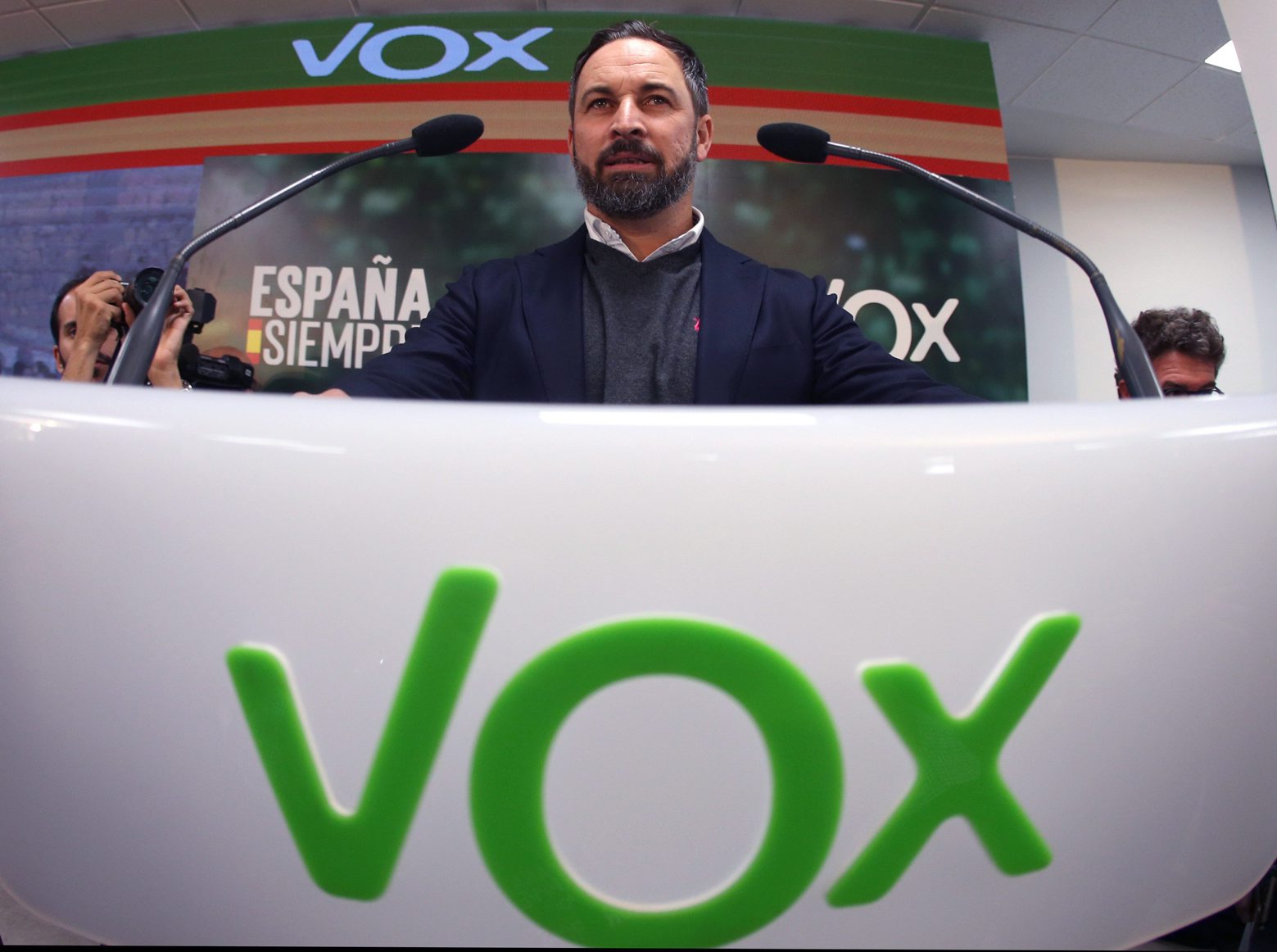 epa07988932 President of Vox party Santiago Abascal addresses a press conference after the meeting of Vox's national executive committee to analyze the election results gained by PSOE party in the Spanish general election, in Madrid, Spain, 11 November 2019.  EPA/Javier Lizon SPAIN GENERAL ELECTION
