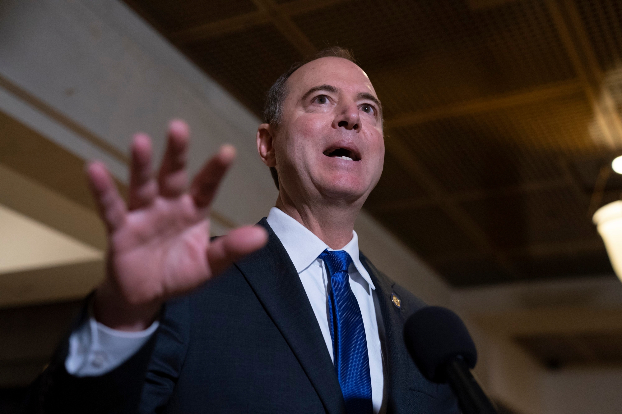 Rep. Adam Schiff, chairman of the House Intelligence Committee, speaks to reporters after witnesses failed to appear under subpoena before House impeachment investigators following President Donald Trump's orders not to cooperate with the probe, in Washington, Monday, Nov. 4, 2019. John Eisenberg, the lead lawyer for the National Security Council, and National Security Council aide Michael Ellis, were scheduled to testify early Monday but not appear. (AP Photo/J. Scott Applewhite) TRUMP IMPEACHMENT