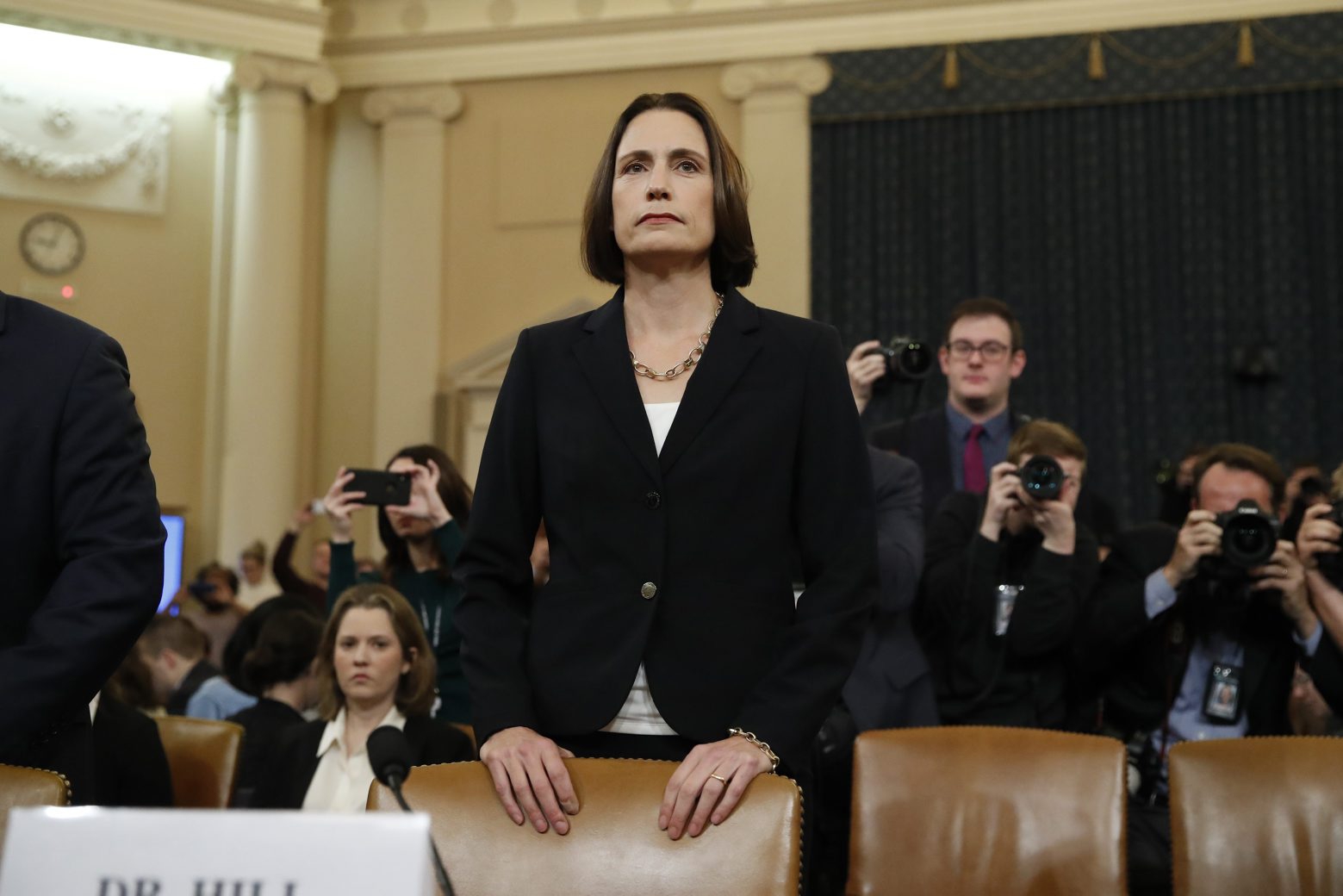 Former White House national security aide Fiona Hill, arrives to testify before the House Intelligence Committee on Capitol Hill in Washington, Thursday, Nov. 21, 2019, during a public impeachment hearing of President Donald Trump's efforts to tie U.S. aid for Ukraine to investigations of his political opponents. (AP Photo/Alex Brandon)
Fiona Hill,David Holmes Trump Impeachment